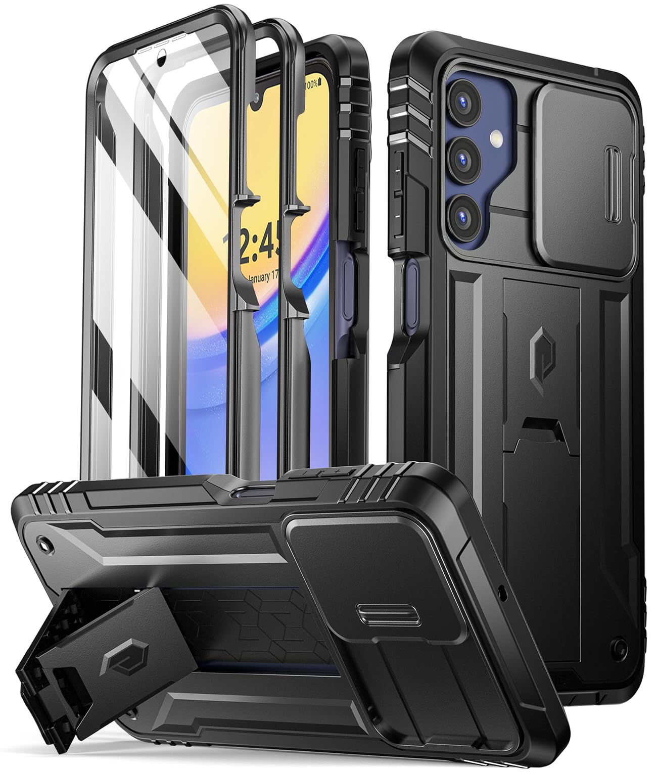 Poetic Revolution Case Compatible with Galaxy A15 5G,[Slide Camera Cover], Full-Body Military Grade Rugged Shockproof Cover with Kickstand and Built-in-Screen Protector, Black