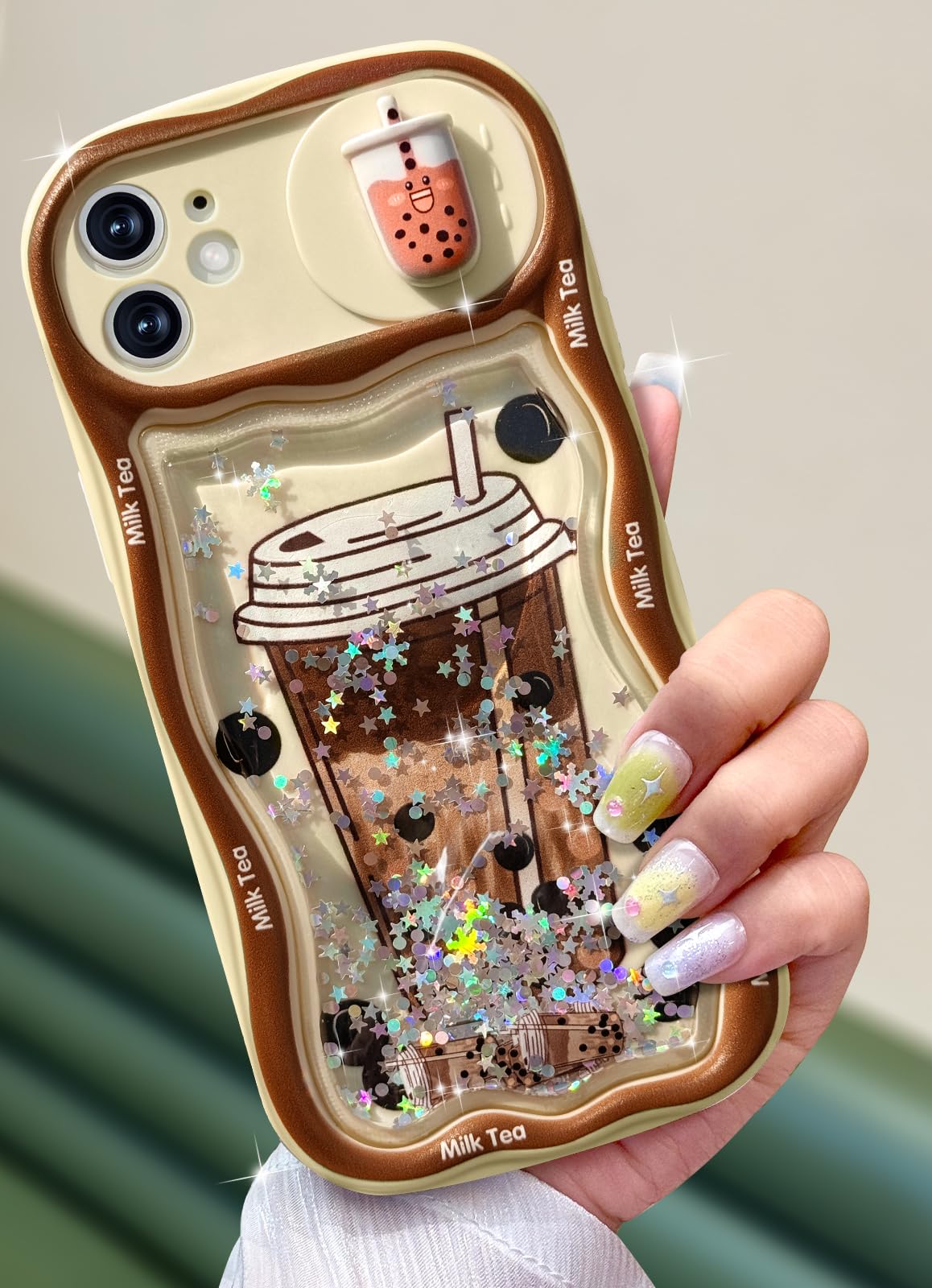 Toycamp for iPhone 11 Case 6.1 Inch - Women Girls Cute Cover Boba Milk Tea with Sliding Camera Cover Girly Bling Glitter Kawaii Teens Fashion Design Flowing Liquid Quicksand Phone Case for iPhone 11