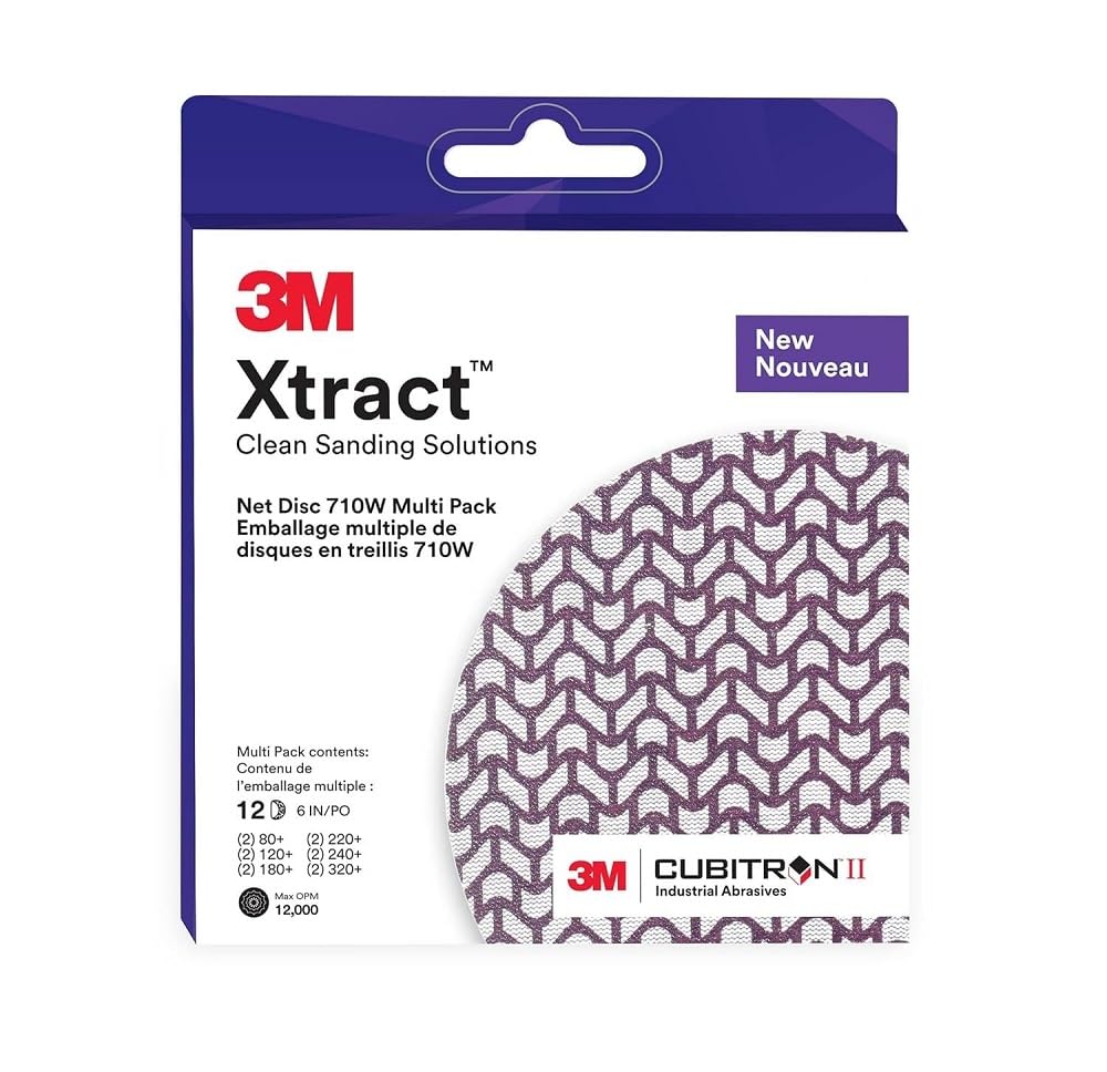 3M Xtract Net Disc 710W, 6 in, 12 Piece Multi-Pack Hook and Loop Sanding Discs, 80+, 120+, 180+, 220+, 240+, 320+, Virtually Dust-Free, Assorted Grades, 66585, Purple