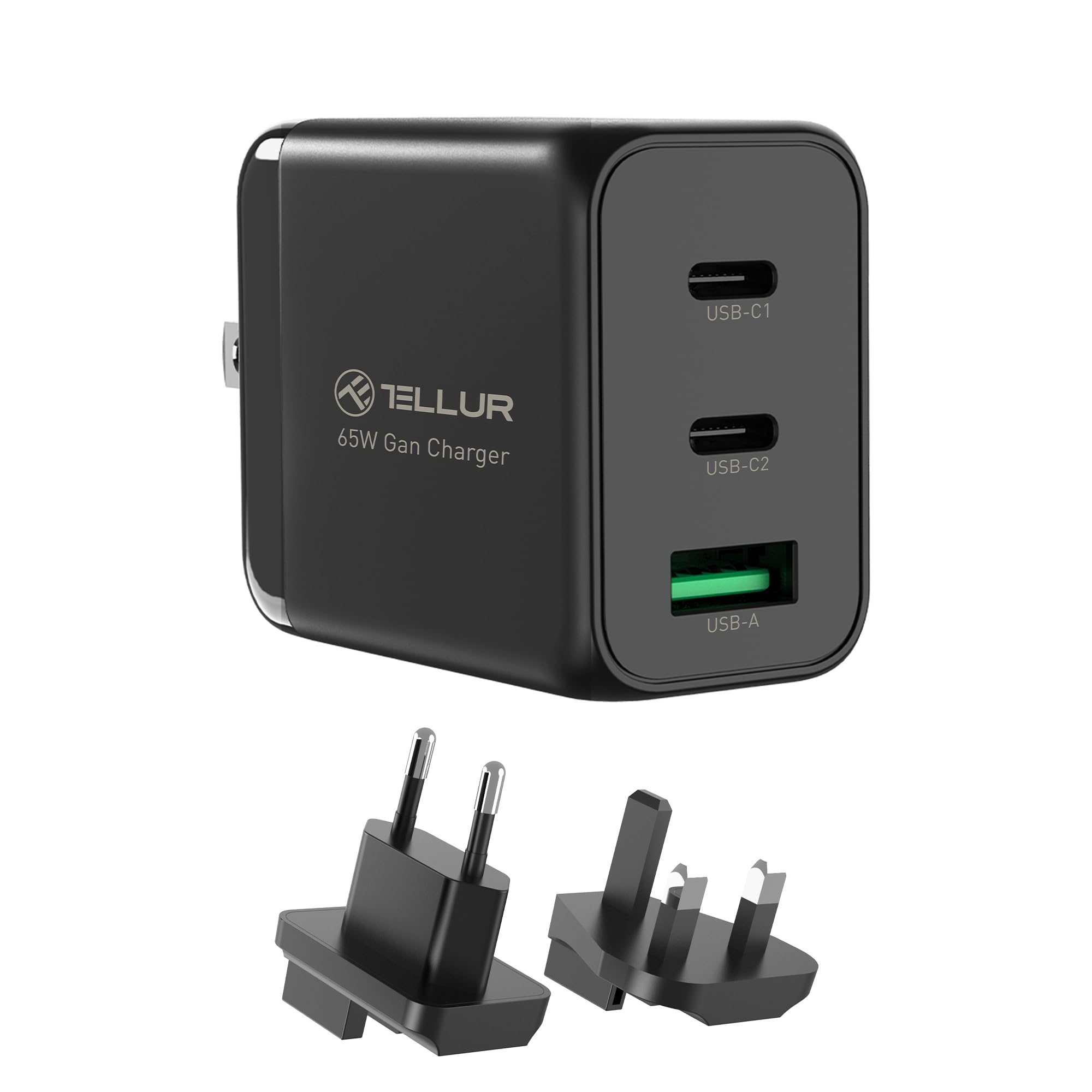 Tellur GaN 65W 3-Port-Wandladegerät, 2xUSB-C + USB-A, EU, UK, US, schwarz