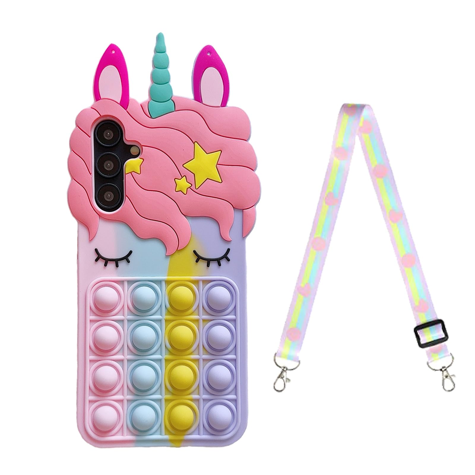 Lubiogio Stress Relief Phone Case for Samsung Galaxy A15 5G 6.5 inch 2023 with Strap,3D Cute Cartoon Kawaii Girls Women Kids Push Pop Bubble Unicorn Character Soft Silicone Case(A15 6.5 inch)