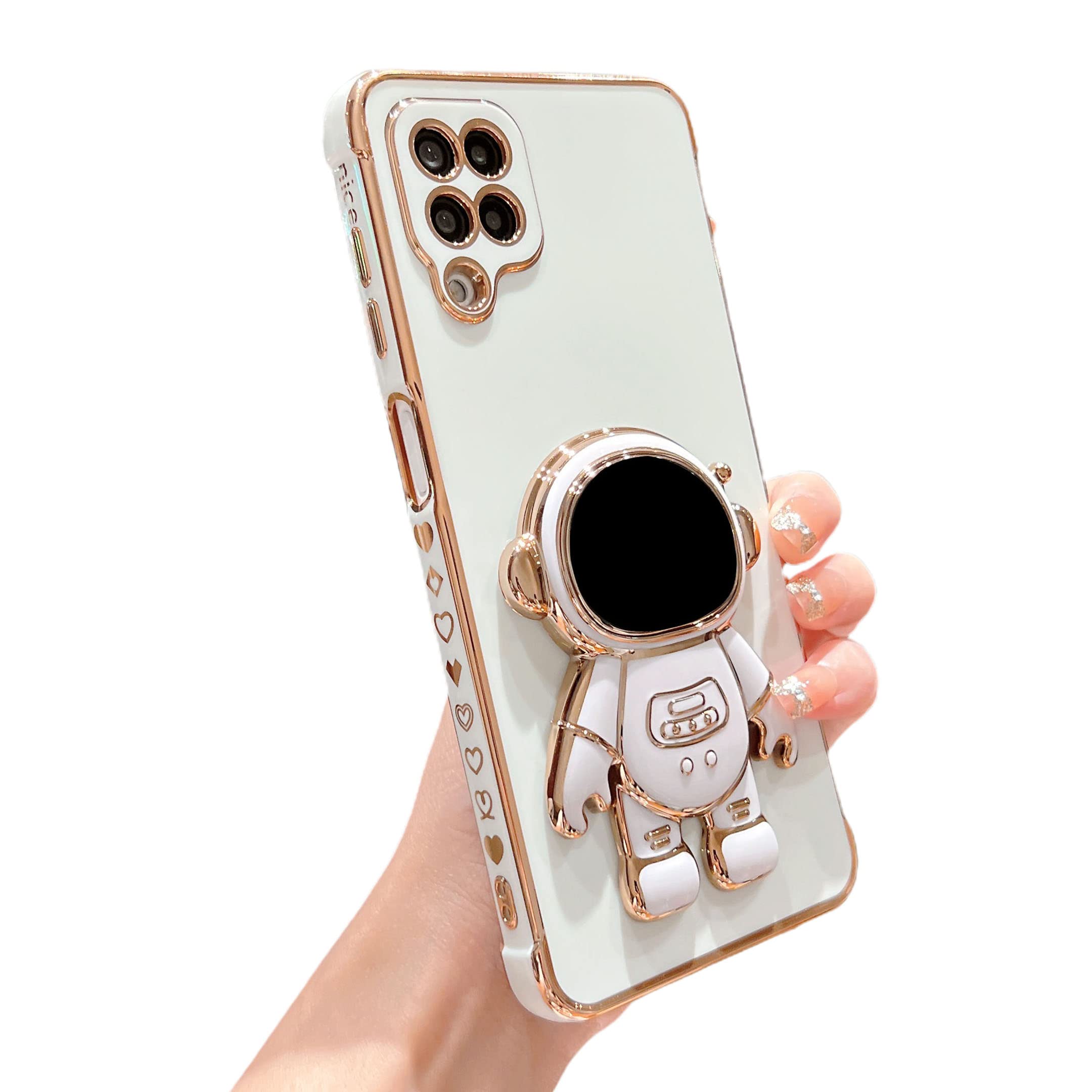 phylla for Samsung Galaxy A12 Astronaut Hidden Stand Holder Phone Case Luxury Gold Plated Cute Astronaut Side Cute Heart Pattern Case with Camera Protector Soft Shockproof Kickstand Bumper (White)