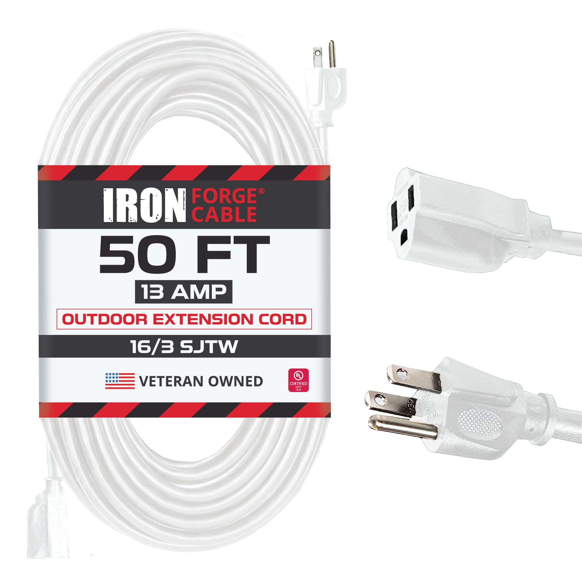Iron Forge Cable White Extension Cord 50 ft for Outdoor & Indoor, 16/3 SJTW Weatherproof Heavy Duty Outdoor Extension Cord 3 Prong, 13 Amp Power Cable for Outside, Outdoor Lights, Lawn & Home Office