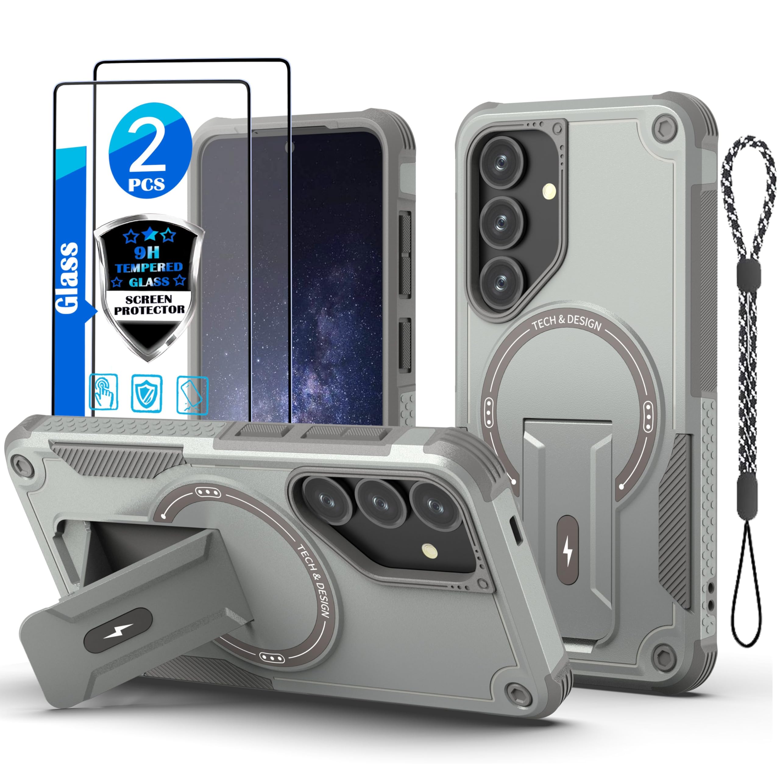 for Samsung Galaxy S24 case & S25 case[Compatible with MagSafe][with 2 * 9H Tempered Glass Screen Protector], Built in Invisible Stand, Not Fading，Shockproof Protective Phone Cover 6.2-inch(Grey)