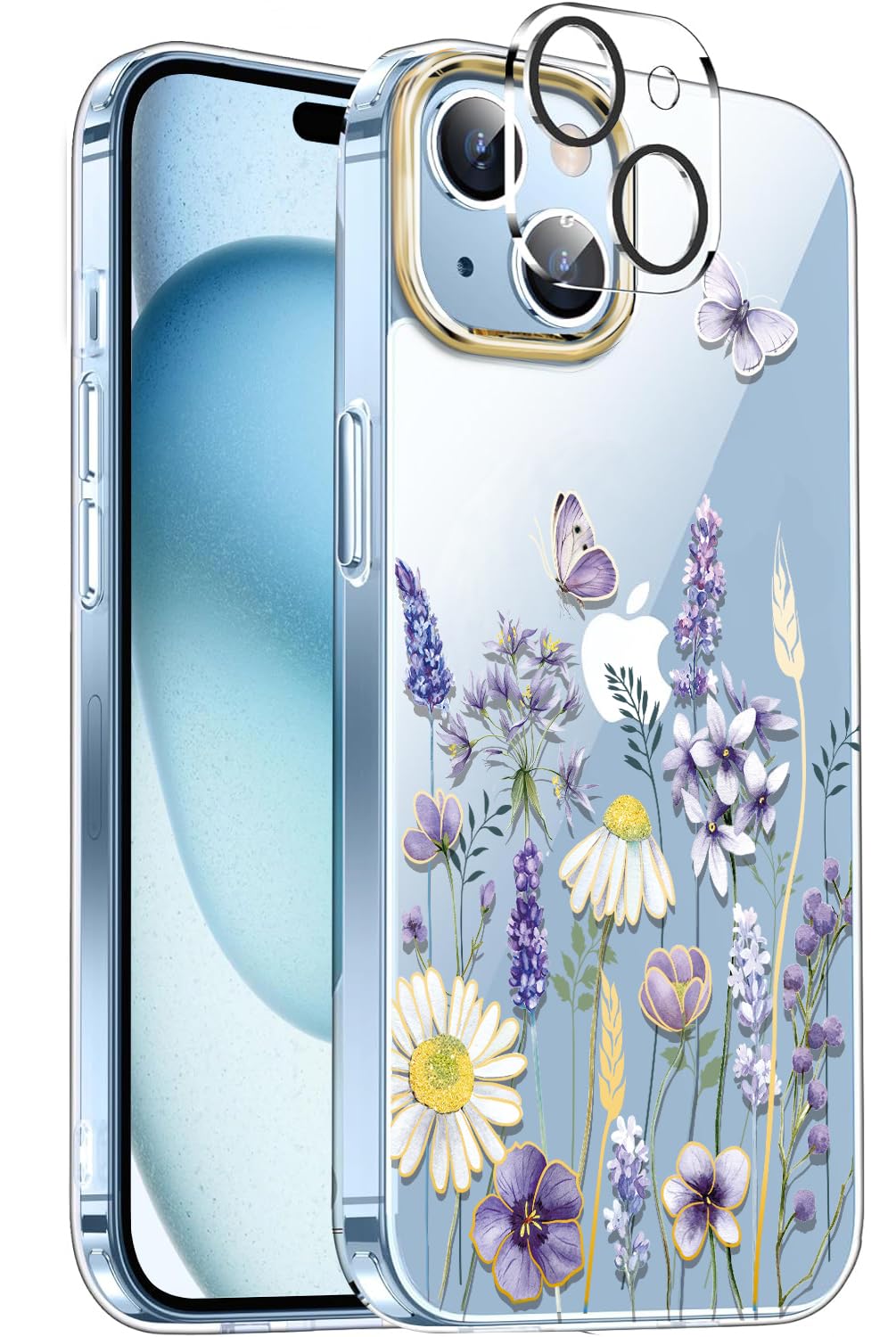 luolnh Compatible with iPhone 15 Case,for Women Girls,Shockproof Clear Floral Pattern Hard Back Cover for iPhone 15 6.1" 2023 -Purple&Blue