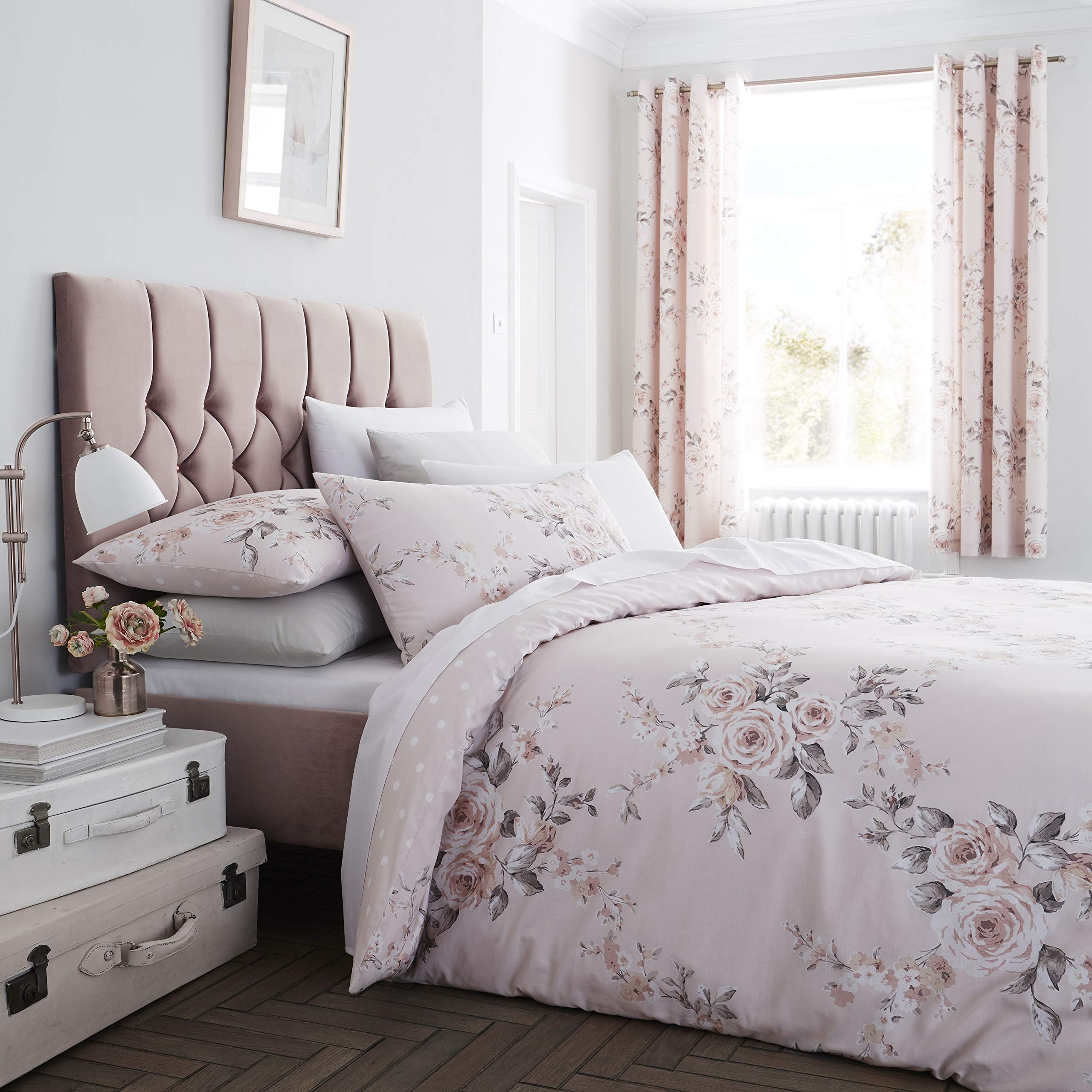 Catherine Lansfield Canterbury Blush Duvet Cover Set 160 x 220 + 50 x 80 cm and Fitted Sheet 90 x 200 cm White