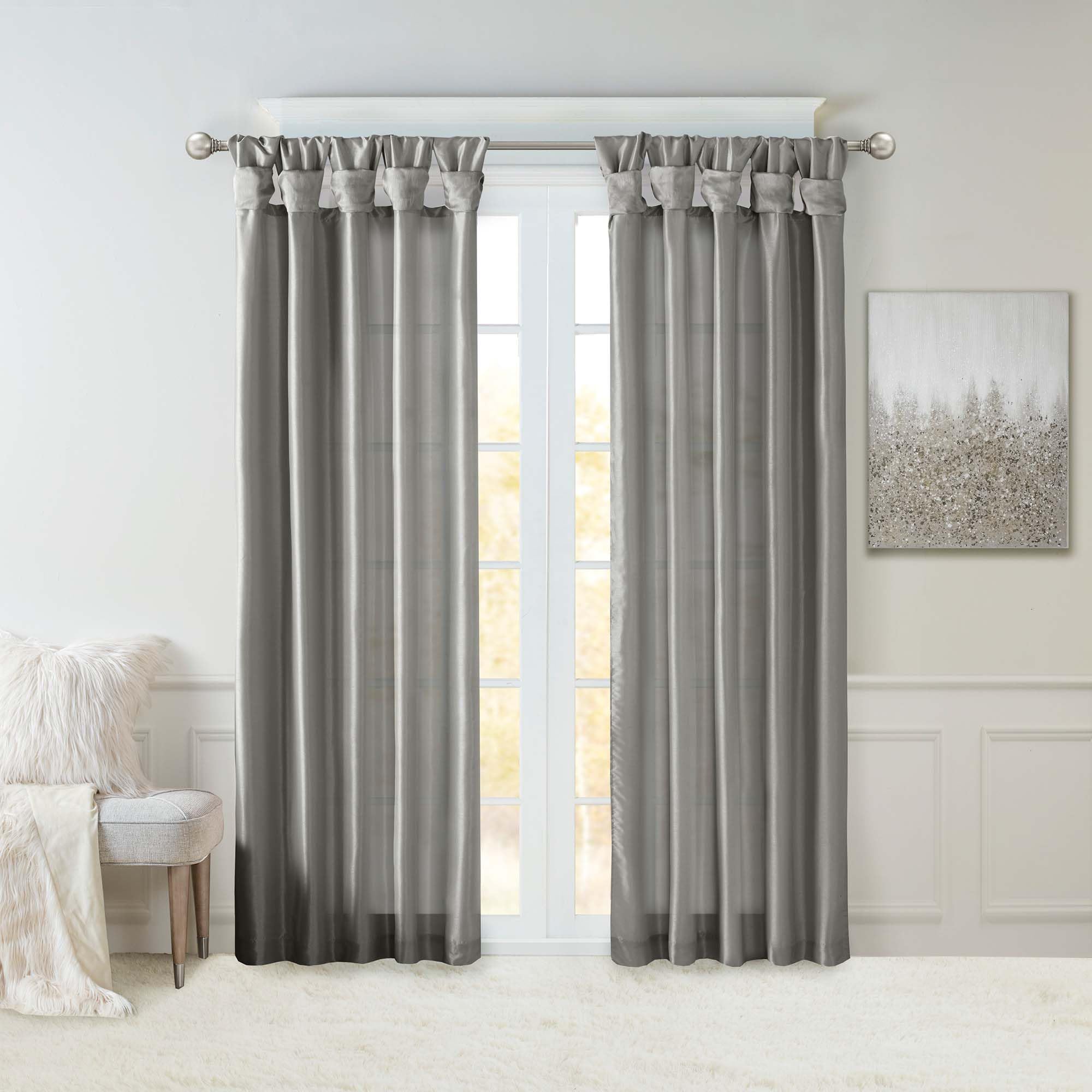 Madison Park Emilia Faux Silk Single Curtain with Privacy Lining, DIY Twist Tab Top, Window Drape for Living Room, Bedroom and Dorm, 108" L x 50" W, Charcoal