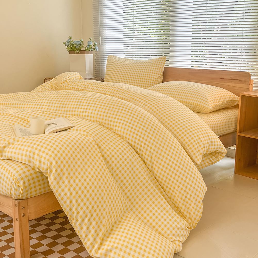 NSNLGSGC Yellow Gingham Duvet Cover Set Twin, Grid Simple Geometric Square Pattern Comforter Cover,Soft Plaid Washed Microfiber Bedding Cover(2PCS,Twin)