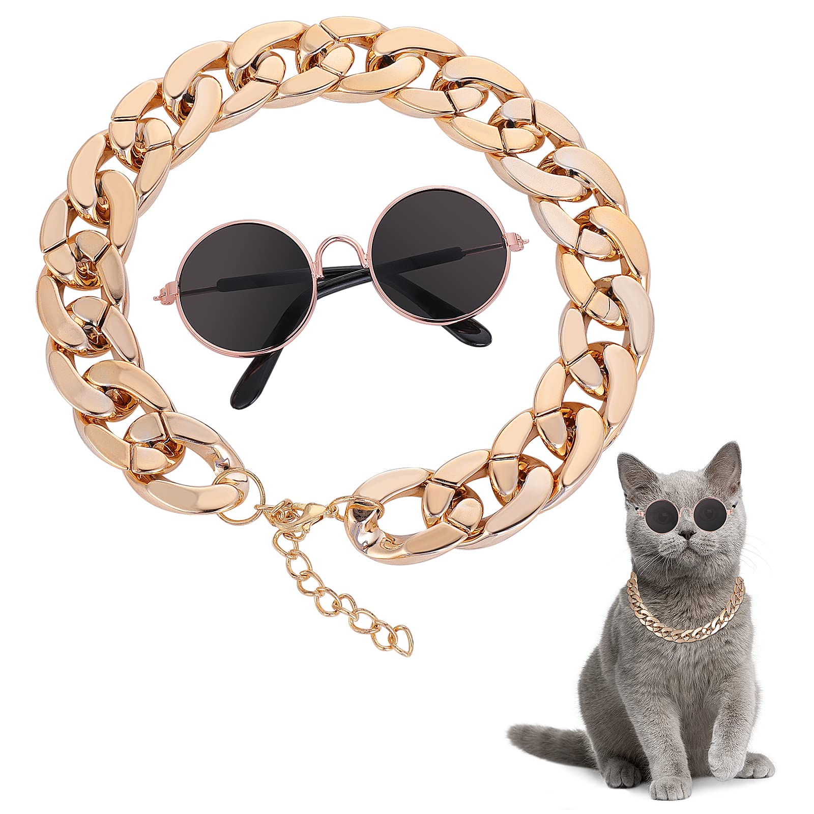 Molain Cat Sunglasses - Cat UV Protection Classic Retro Small Dog Sun Glasses Dolls Round Sunglasses Party Cosplay Costume Photo Props Cute Funny Sunglasses (1Pc Round Glasses+1Pc Gold Chain)