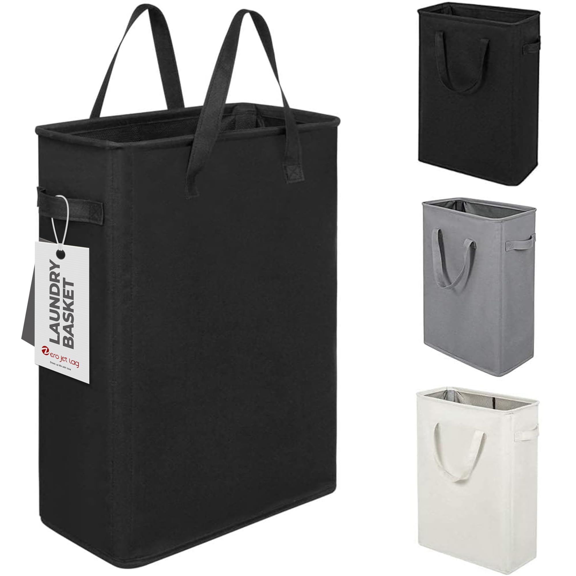 ZERO JET LAG Slim Laundry Hamper With Handles Collapsible Laundry Basket Thin Dirty Clothes Basket Narrow Laundry Bag Foldable Dirty Clothes Hamper 45L (21 inches,Black)