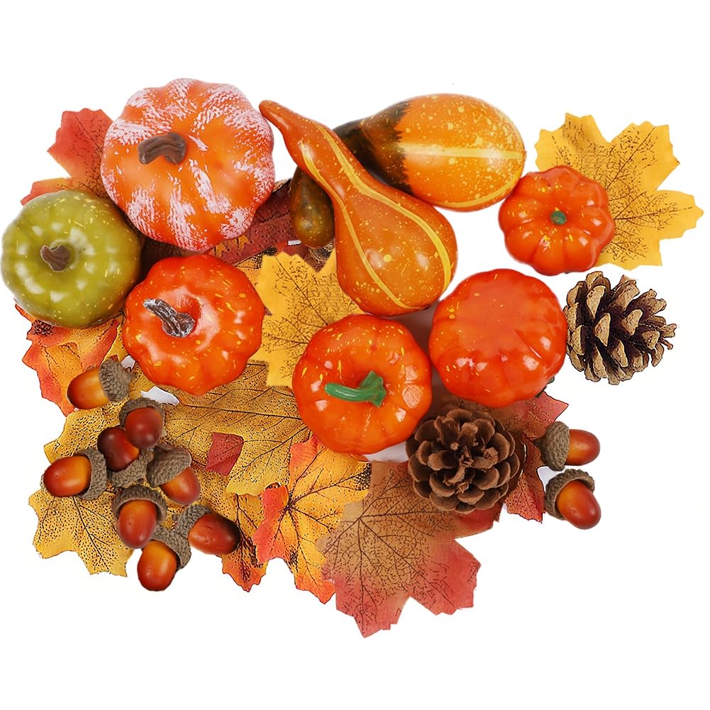 winemana Thanksgiving Artificial Pumpkins Home Decoration Set, Mixture of 50 Artificial Harvest Decoration, 30 Fake Maple Leaves + 10 Fake Acorns + 2 Fake Pinecones + 8 Fake Pumpkins