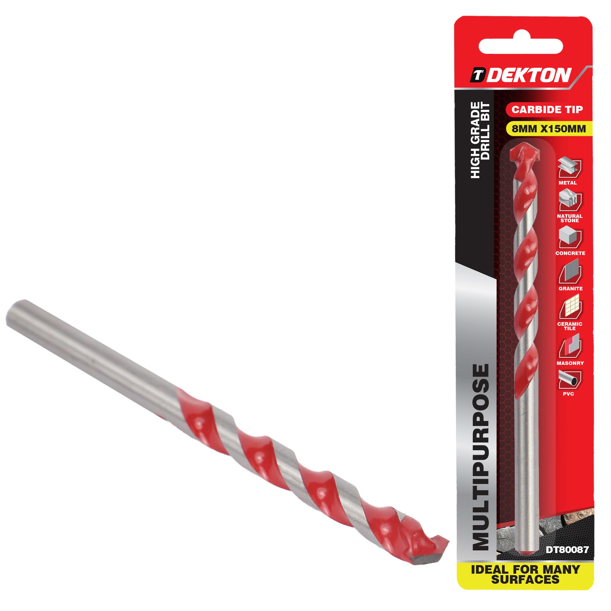 Dekton Multi-Purpose Masonry Drill Bit 8mm x 150mm, High Grade Carbide Tip for Drilling Metal, Natural Stone, Concrete, Granite, Ceramic Tile, Masonry & Plastic