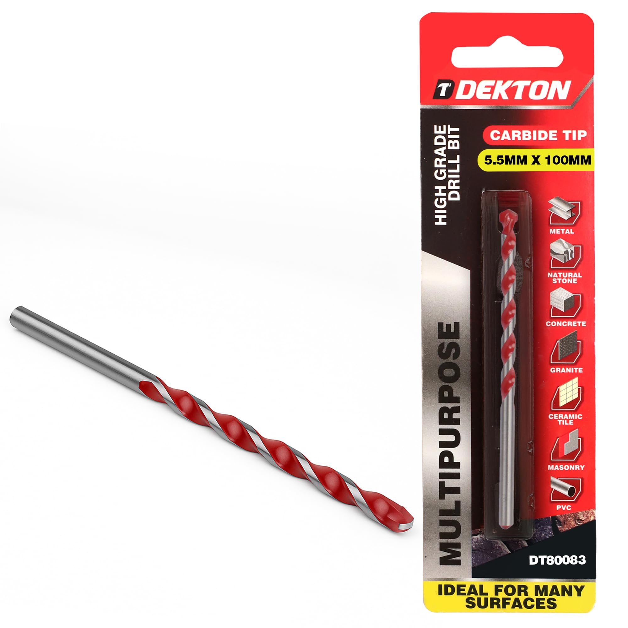 Dekton Multi-Purpose Masonry Drill Bit 5.5mm x 100mm, High Grade Carbide Tip for Drilling Metal, Natural Stone, Concrete, Granite, Ceramic Tile, Masonry & Plastic