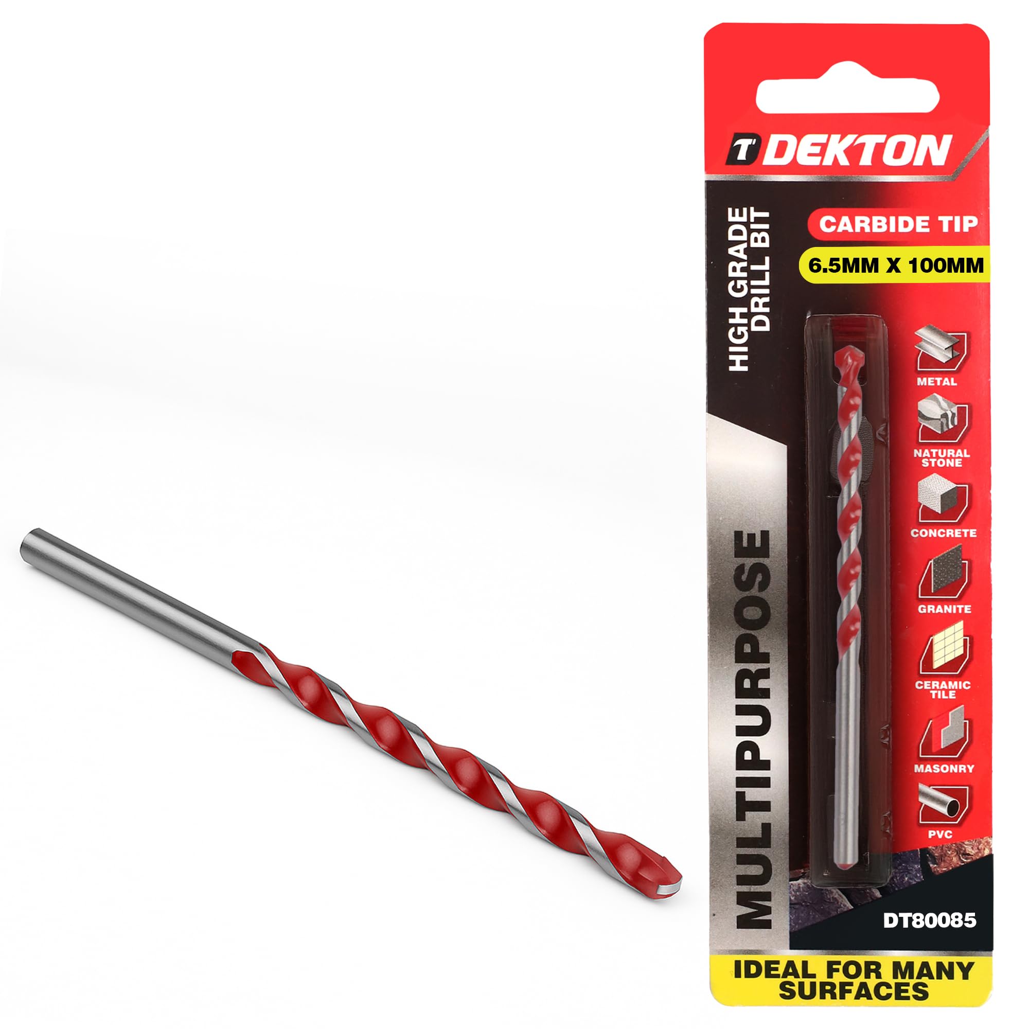 Dekton Multi-Purpose Masonry Drill Bit 6.5mm x 100mm, High Grade Carbide Tip for Drilling Metal, Natural Stone, Concrete, Granite, Ceramic Tile, Masonry & Plastic