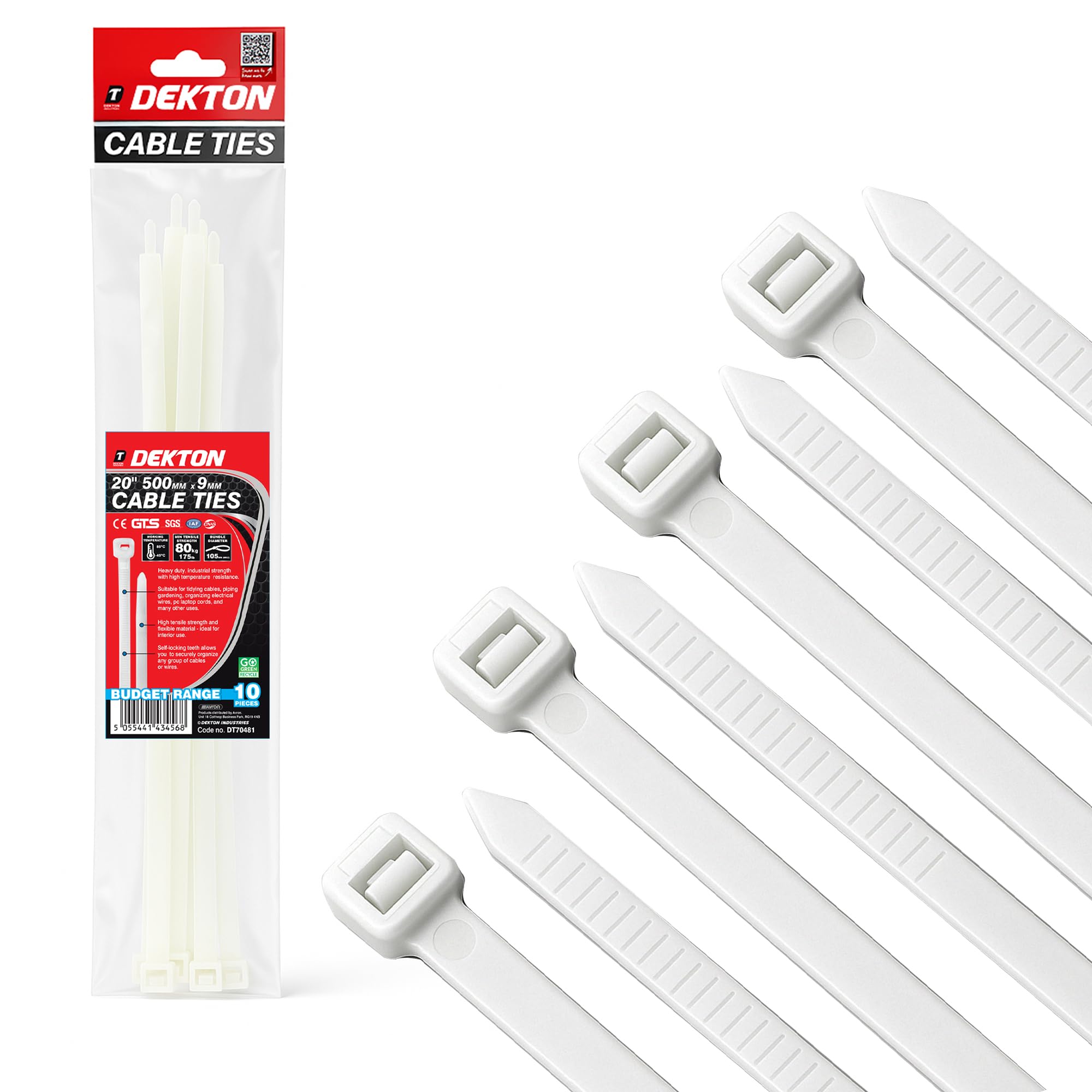 Dekton 10PC Cable Tie Set - 9MM X 500MM White | Heavy Duty Industrial Strength | High Temperature Resistant | Self-Locking Teeth | Ideal for Cables, Piping, Gardening & Wires | Indoor & Outdoor Use