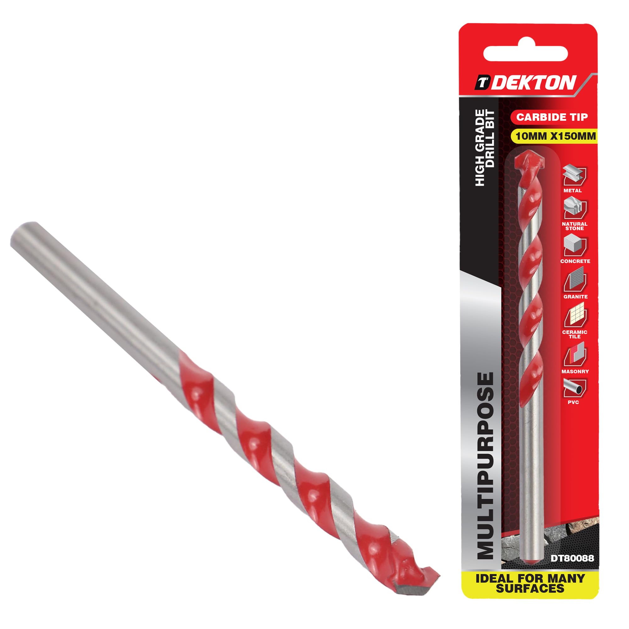 Dekton Multi-Purpose Masonry Drill Bit 10mm x 150mm, High Grade Carbide Tip for Drilling Metal, Natural Stone, Concrete, Granite, Ceramic Tile, Masonry & Plastic