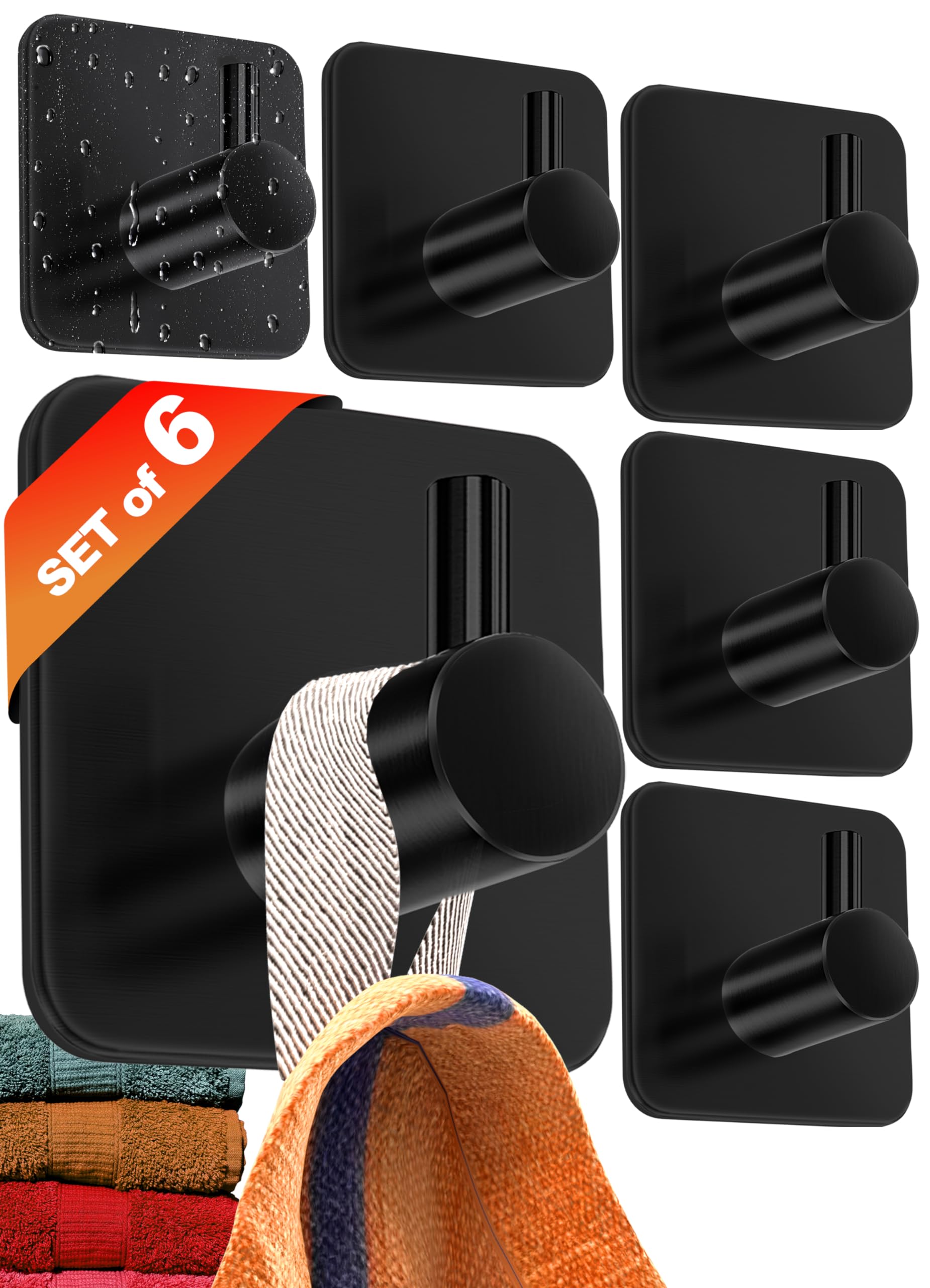 4smile Self Adhesive Hooks - Set of 6, Black - Waterproof Sticky Hooks for Hanging Towels - Stick on for Heavy Duty Waterproof, Bathroom Towel Rail, Tea Towel Holder