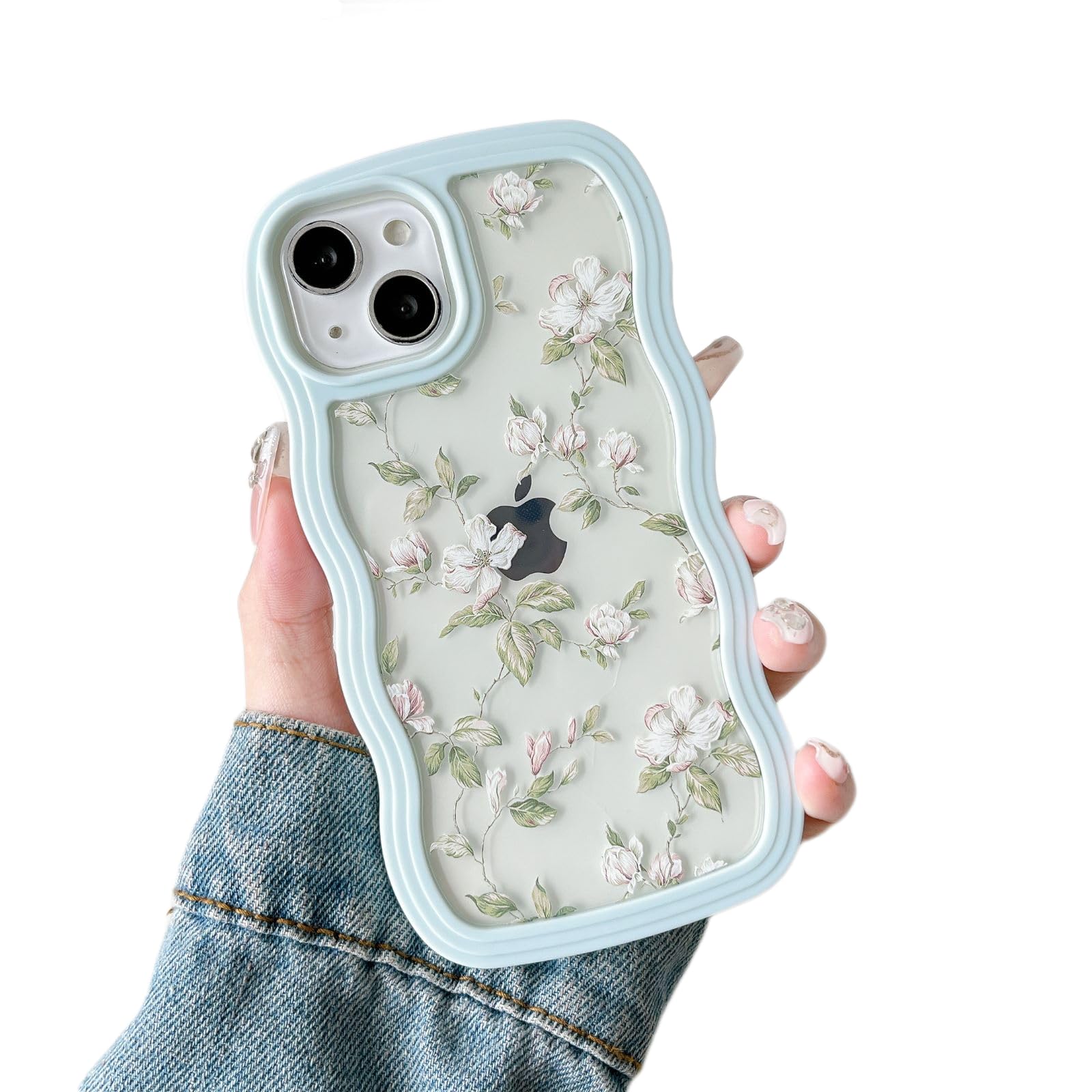 ZTOFERA Floral Case for iPhone 14 Plus/15 Plus 6.7",Cute Curly Wave Frame Shape Case with Green Leaf Flower Pattern, Clear Soft Slim Shockproof Phone Case for iPhone 14 Plus/15 Plus, Green