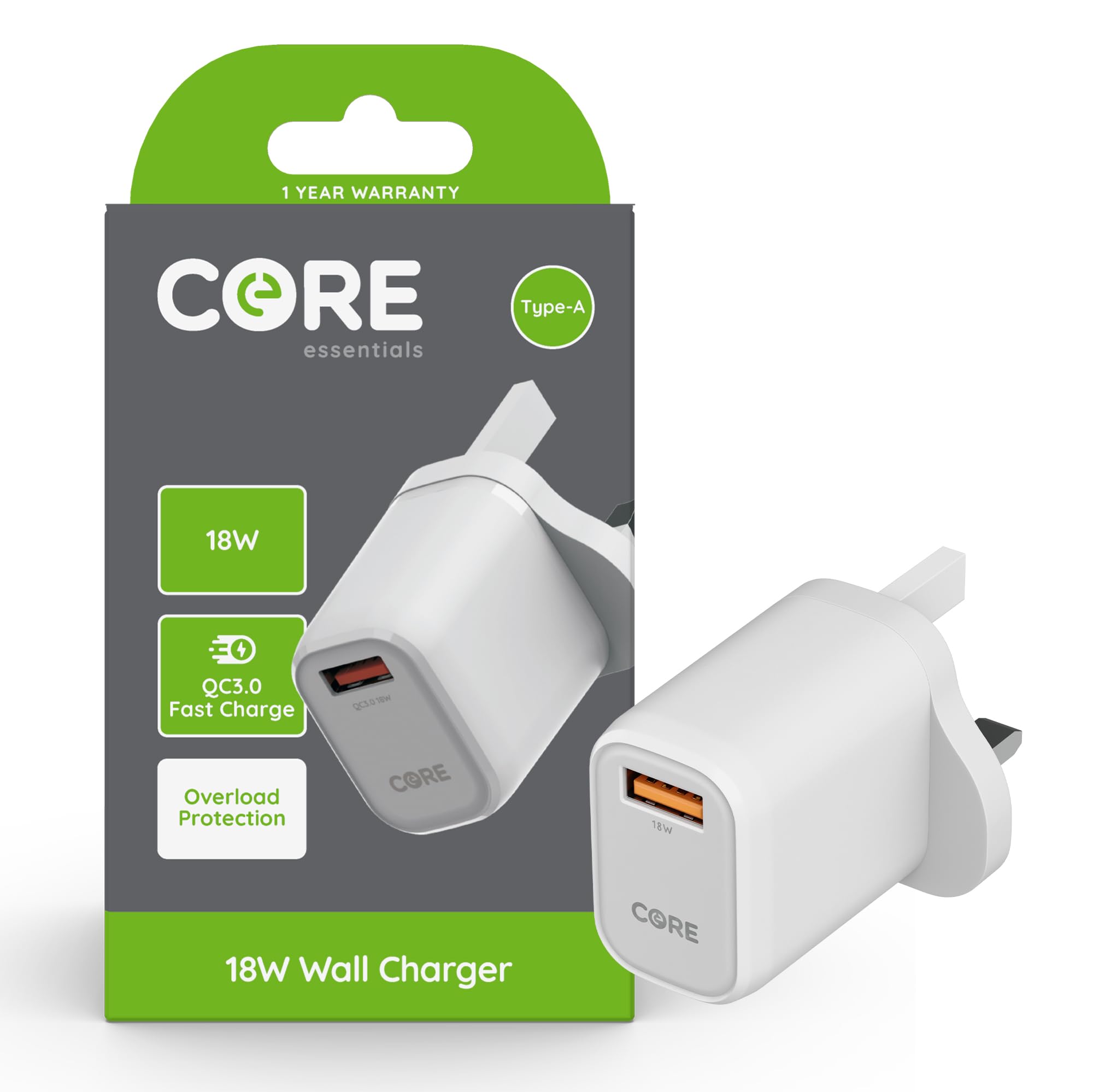 Core Essentials | USB A Wall Charger Plug | Fast Charging With Quick Charge 3.0 at 18W | Smartphone & Device Charging Plug | 1 Year Warranty
