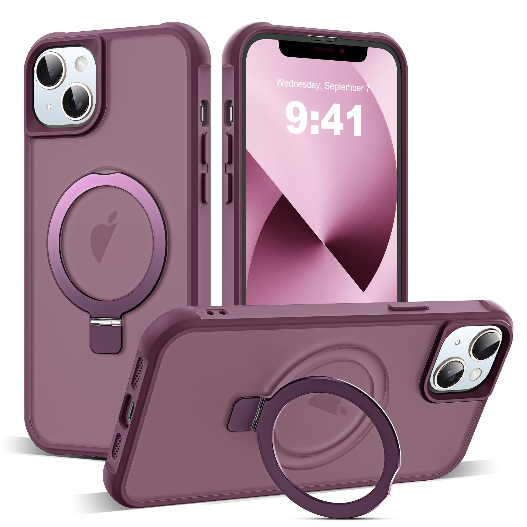 SKYLMW Compatible with iPhone 13 Case & iPhone 14 Case with Invisible Magnetic O-Ring Stand Translucent Phone Cases for 13 & 14 6.1" [Compatible with Mag-Safe][Great Grip Feeling], Wine Red