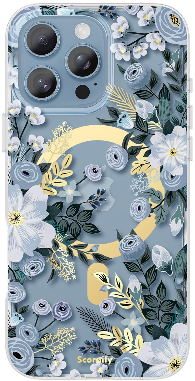 SCORPIFY for iPhone 16 Pro Case [Compatible with MagSafe] with Blue Nemophila Floral Design, Cute Clear Flower Magnetic Phone Cover for Women Girls, [Non Yellowing] Slim Bumper with Gold Accents