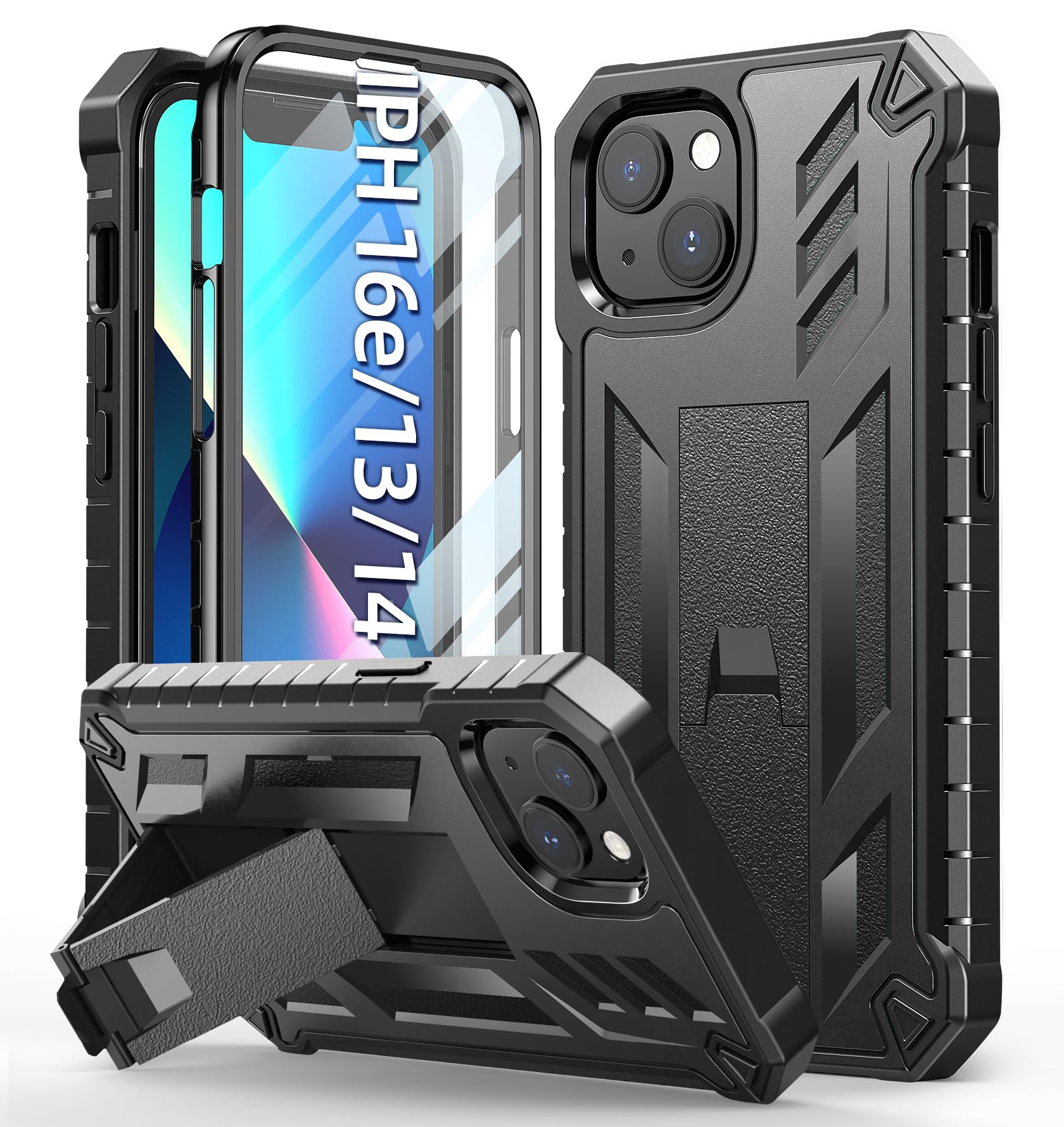 for iPhone 13 Case Protective Cover: iPhone 14 case Heavy Duty Military Grade Hard Protection Shock Proof Grip | Durable Dual-Layer Design iPhone 13-14 Phone Case with Built-in Kickstand Black