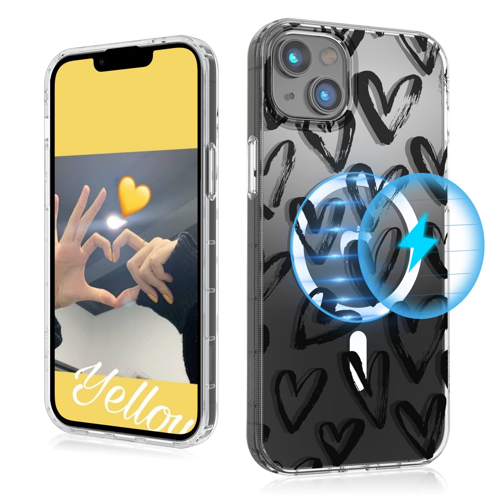 MYBAT PRO Magnetic Slim Clear Case for iPhone 14 Plus Case 6.7 inch, Compatible with MagSafe, Cute Crystal Mood Series Military Grade Drop Shockproof Non-Yellowing Protective Cover, Black Hearts