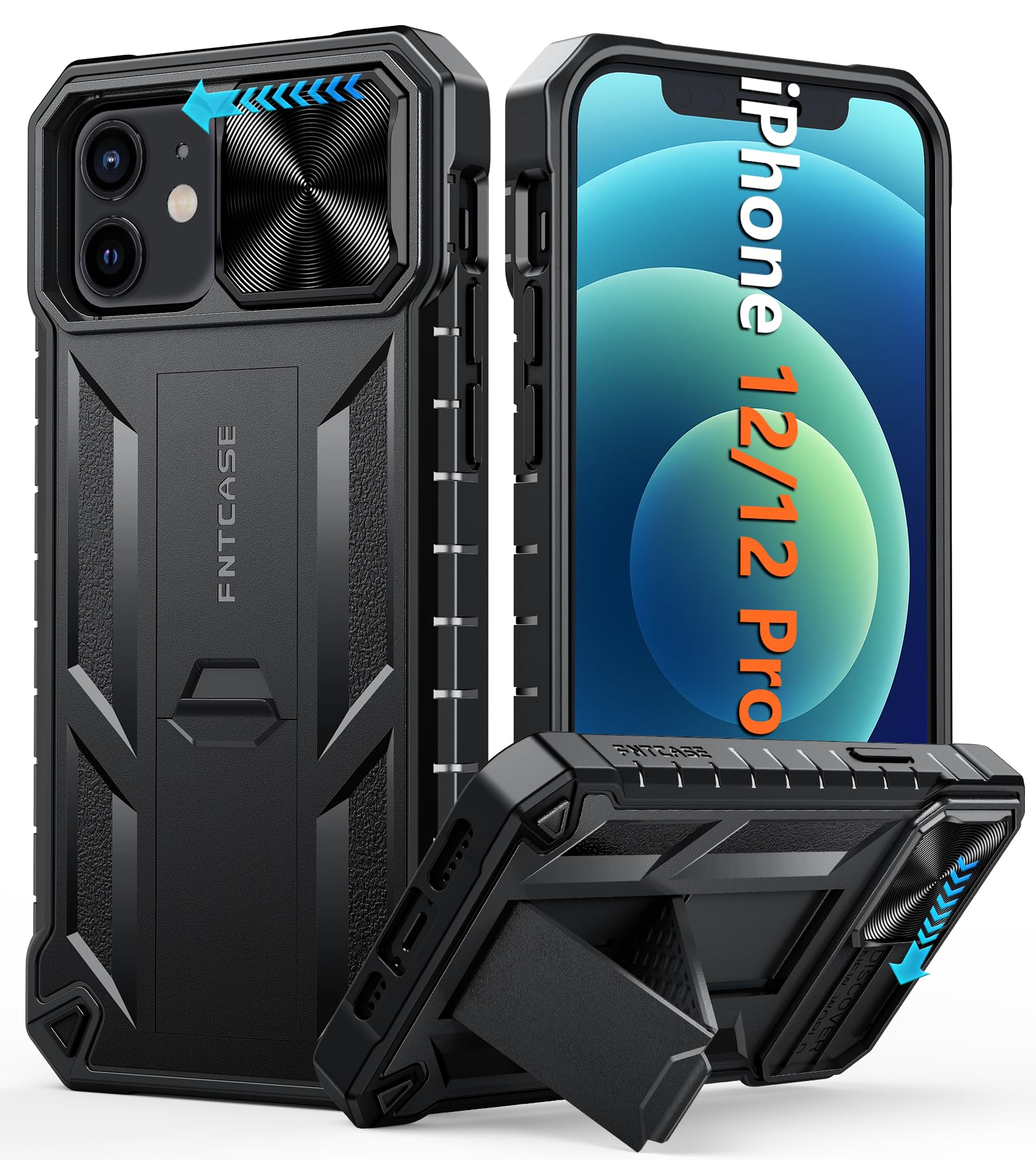 FNTCASE for iPhone 12 Phone Case: Rugged Military Grade Full Protection Shockproof Protective Case with Kickstand | TPU Matte Textured Heavy Duty Hard Bumper Phone Cover for iPhone 12/12 Pro Black