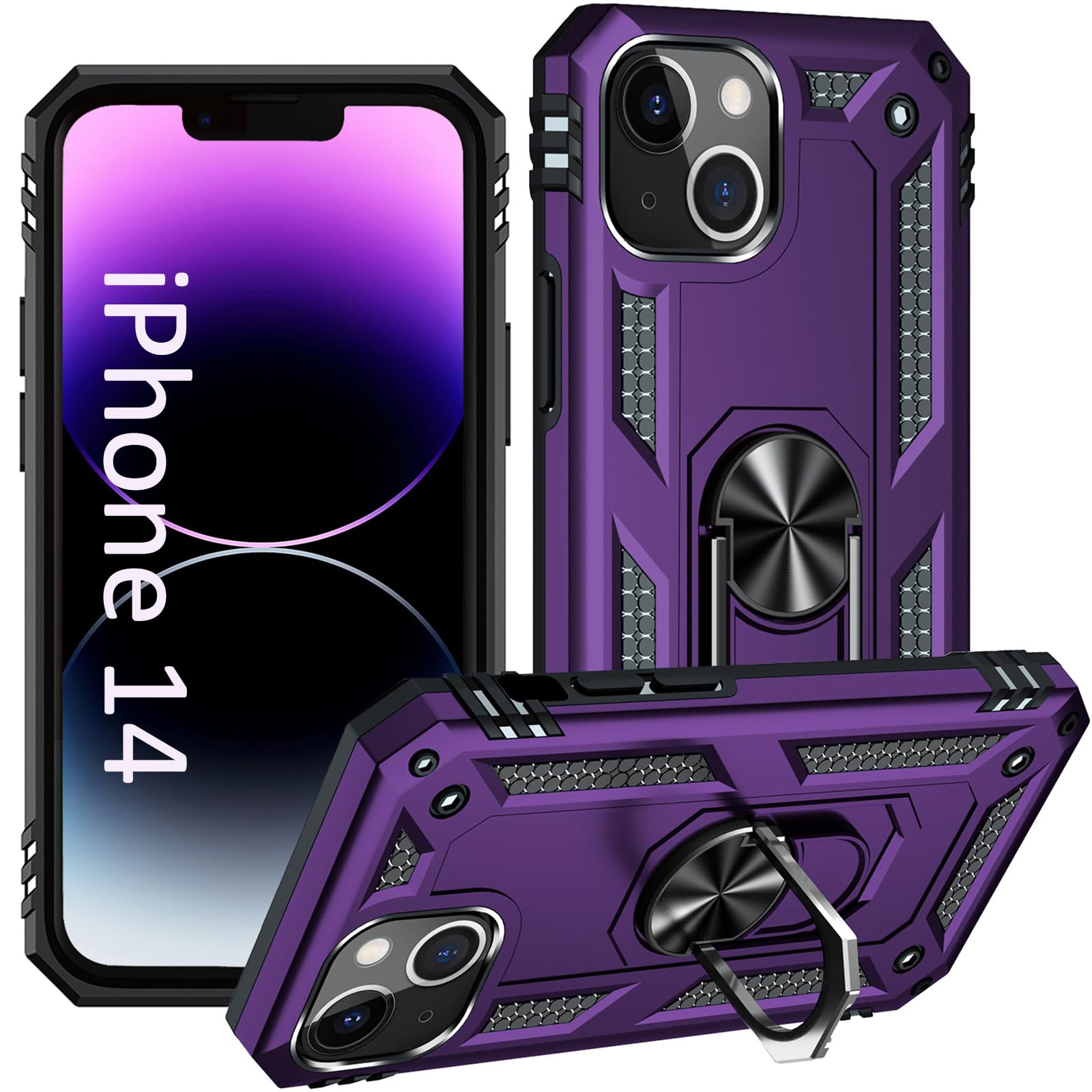 ADDIT iPhone 14 Case, Heavy Duty, Purple, Military Grade, with Stand Ring, Support Magnet Car Mount, Rugged/Protective, TPU & PC Material
