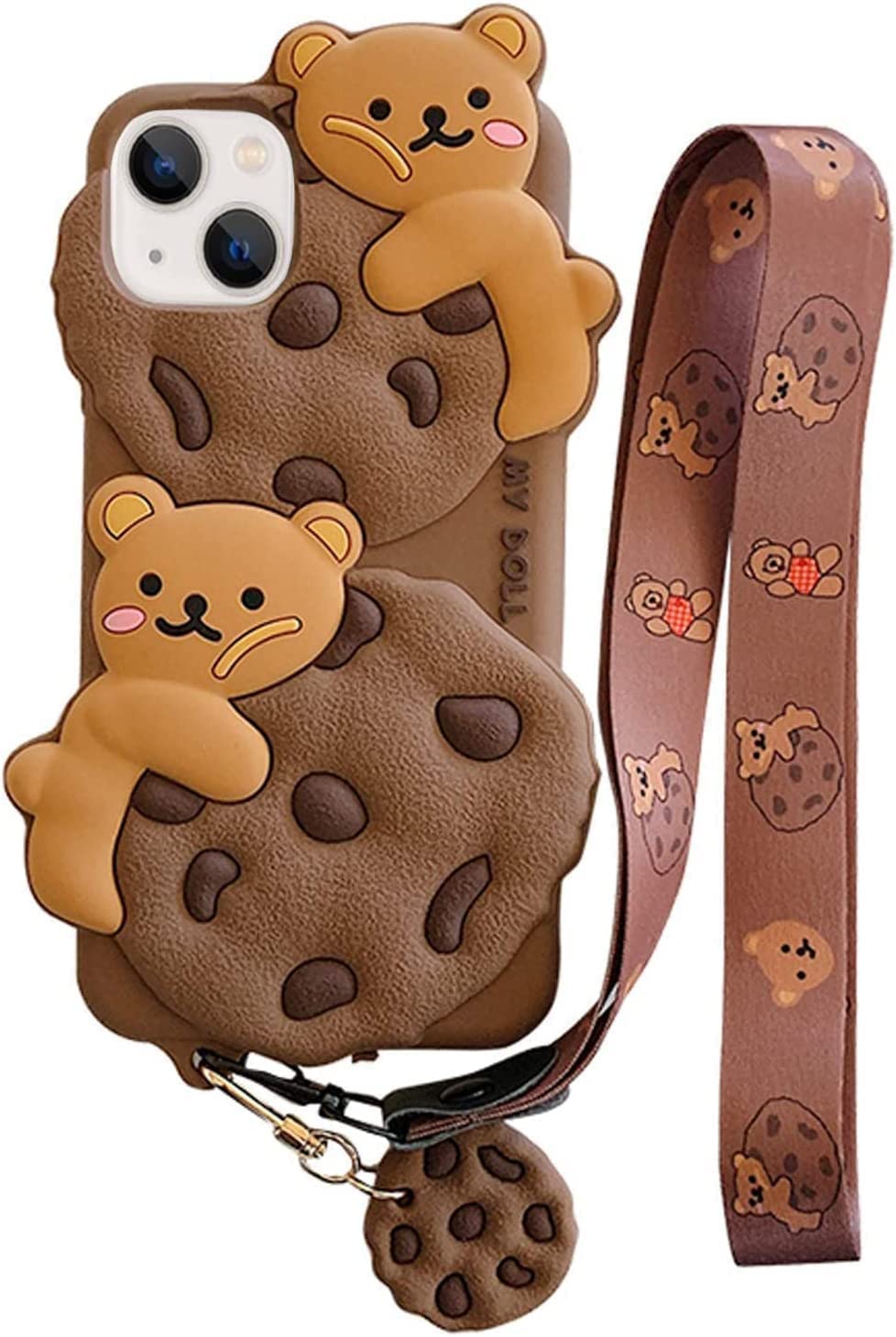 Yatchen Cute iPhone 14 Pro Max Case, Kawaii Bear Cookie Silicone Case with Strap Lanyard & Keychain, Shock-Absorbent, Compatible with iPhone 14 Pro Max
