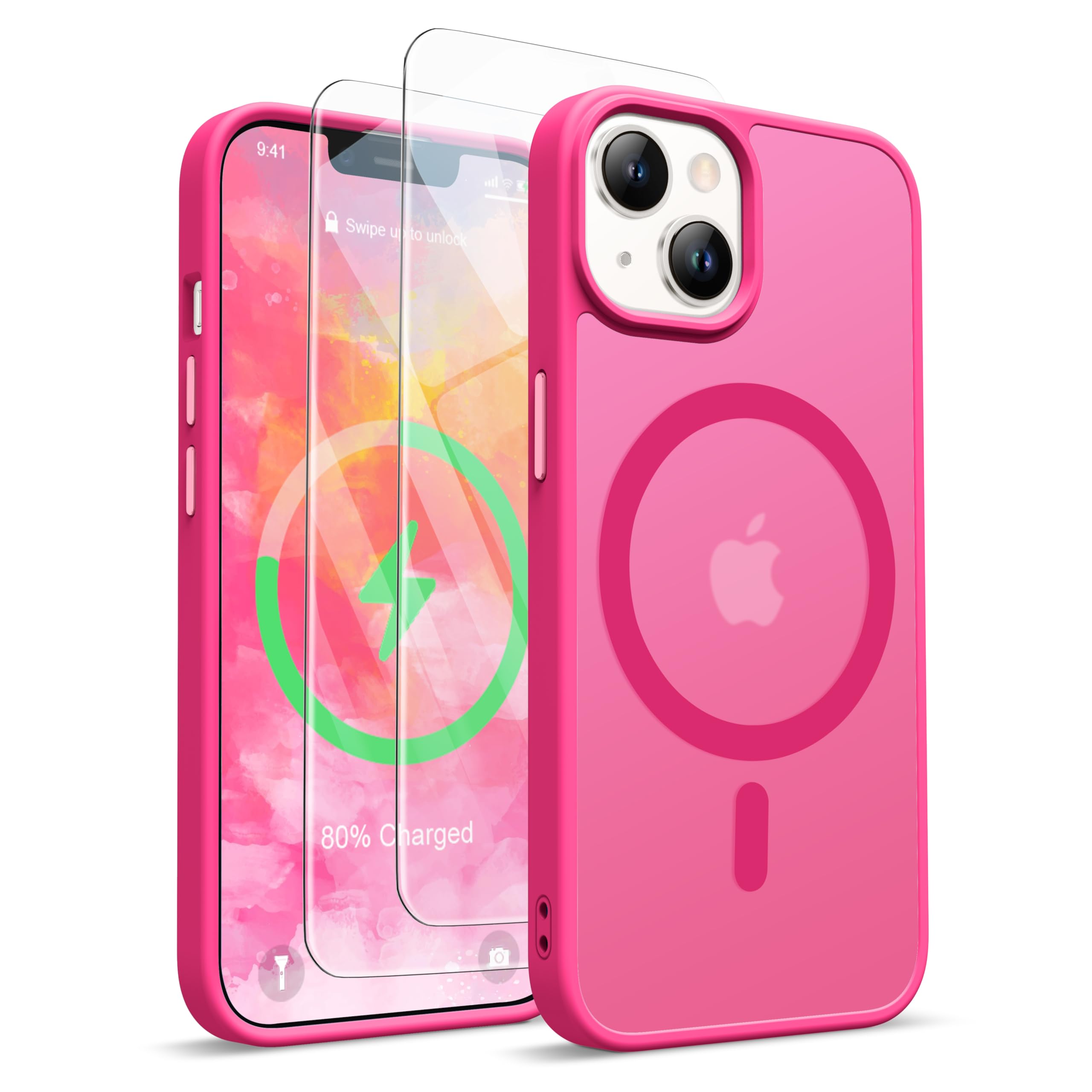 ORETECH Designed for iPhone 13 Case, iPhone 14 Magnetic Case Compatible with Magsafe and 2 Pack Screen Protector Anti Yellowing Ultra Thin Shockproof Matt Frosted Back Phone Case Cover 6.1'' -Hot Pink