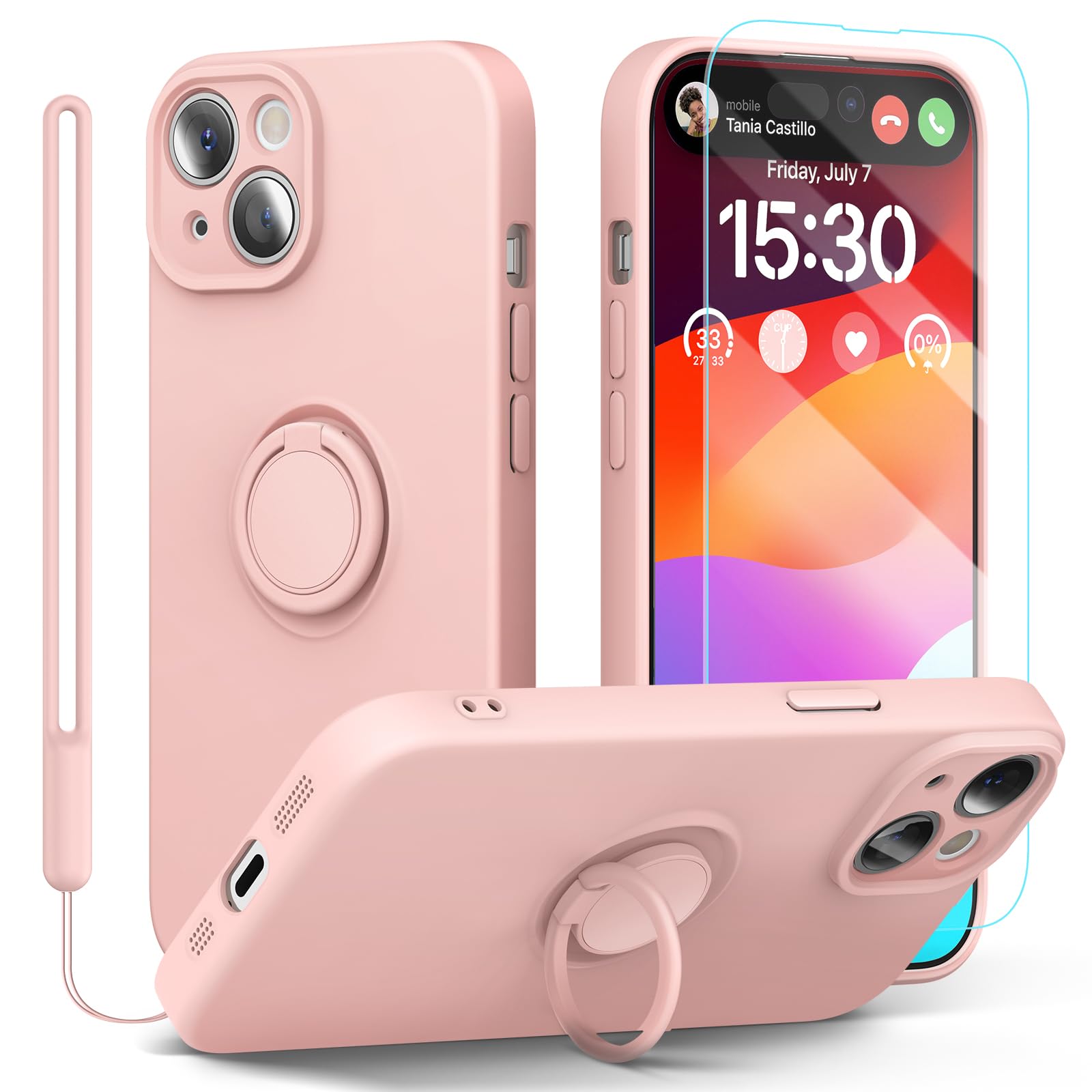 pcgaga Silicone Phone Case for iPhone 15 Plus with Screen Protector [Ring Holder Stand] [Wrist Strap] [Microfiber Lining] Slim Shockproof Protective Cover, 6.7",Pink
