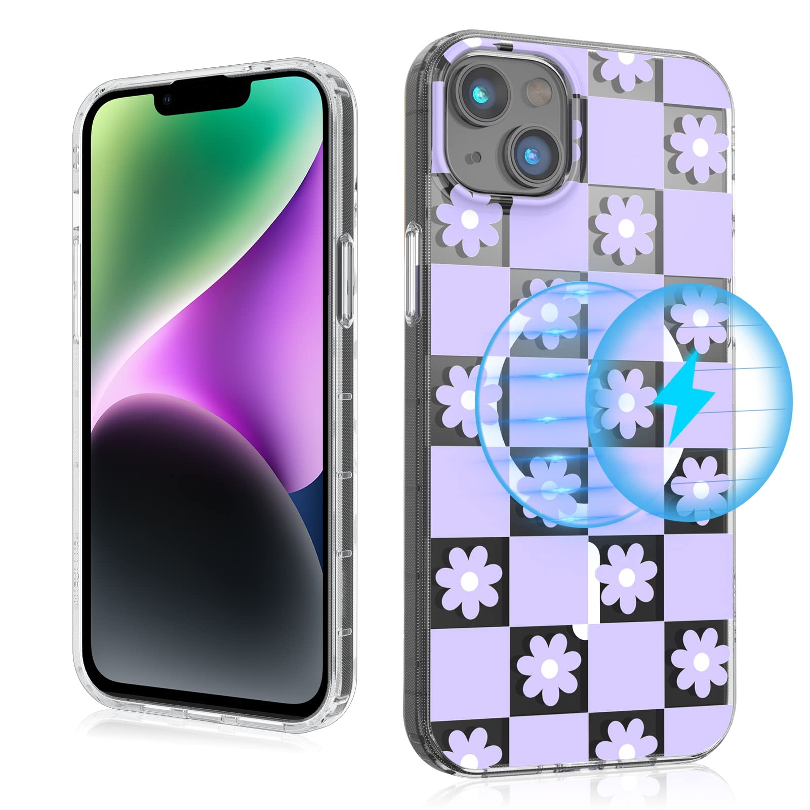 MYBAT PRO Magnetic Slim Clear Case for iPhone 14 Case 6.1", Compatible with MagSafe, Cute Crystal Mood Series for Women Girls, Military Grade Drop Shockproof Non-Yellowing, Retro Purple Floral