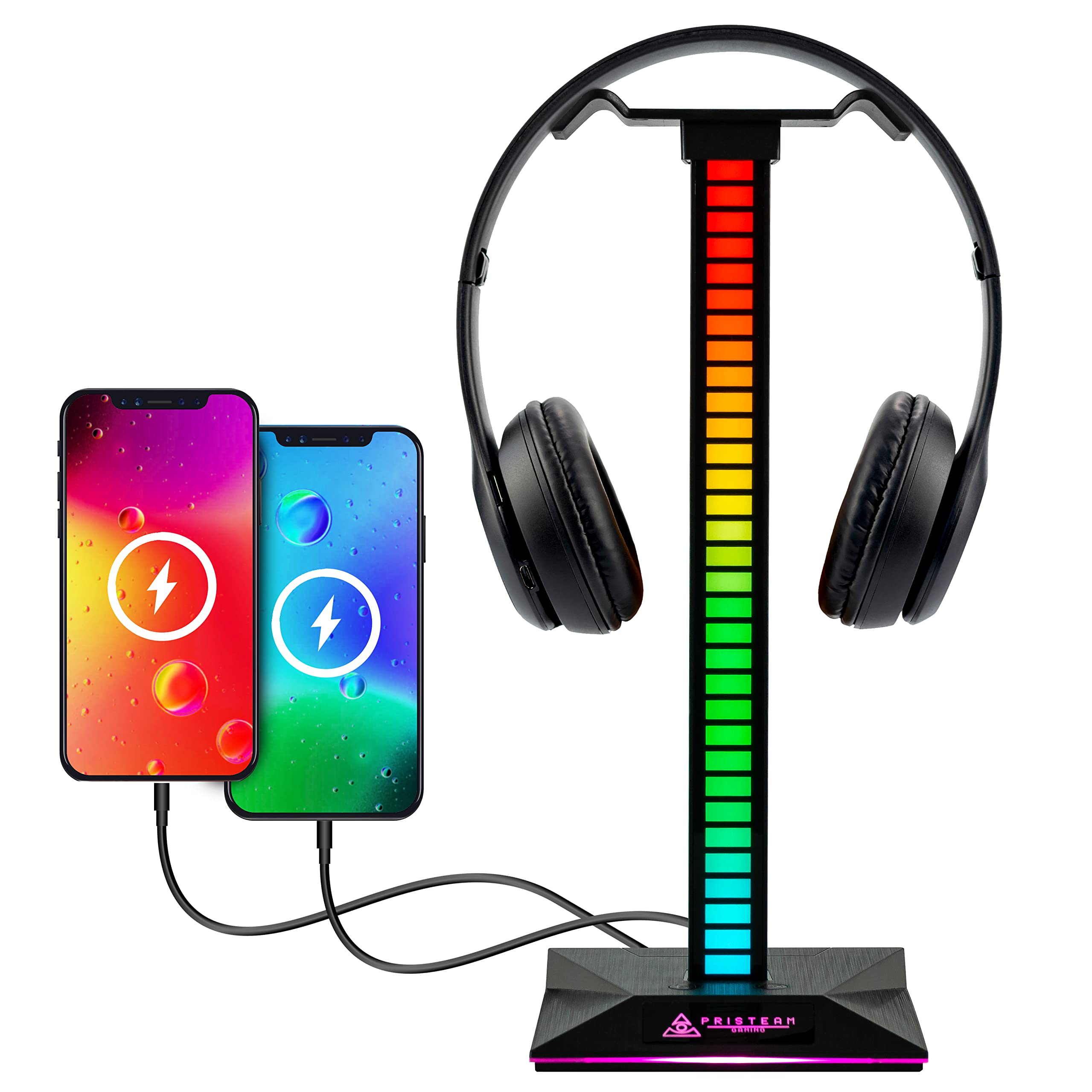 PrisTeam Gaming Gaming Headset Stand - Gaming Headphones Holder RGB PC Desk Gaming Accessories With USB-C, USB-A, 3.5mm AUX Input - Compatible With Xbox, Playstation, Nintendo, Mac And Windows