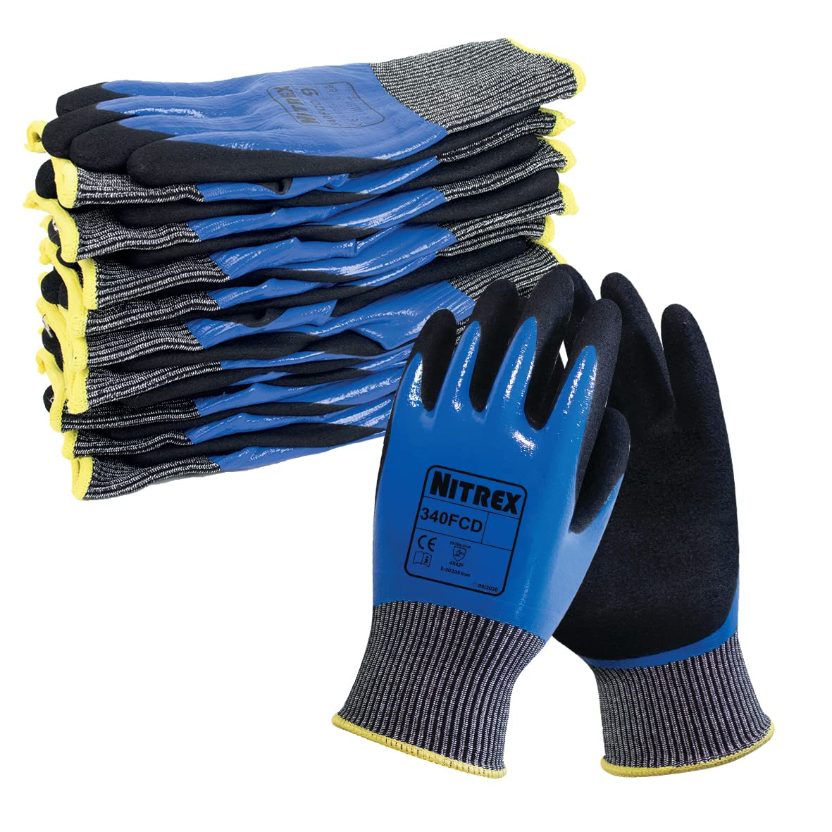 NITREX 340FCD Work and Safety Gloves, Bag of 10 Pairs - F Rated Cut Resistant Gloves with Sandy Nitrile Palm Coating in Black/Blue, Size 8