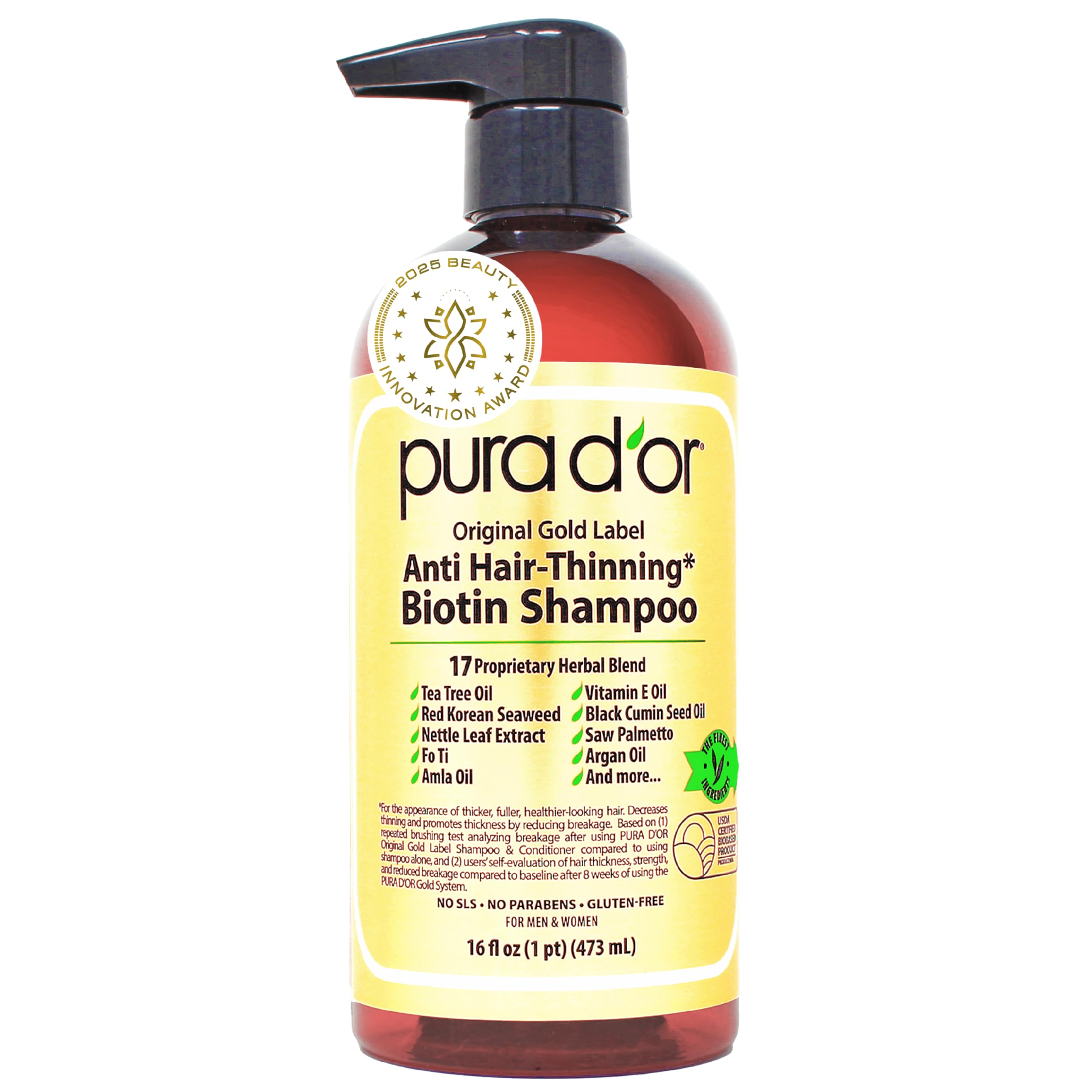 Pura D’Or Premium Organic Argan Oil Shampoo for Hair Loss Prevention (Gold Label), 16 Liquid Ounces Single