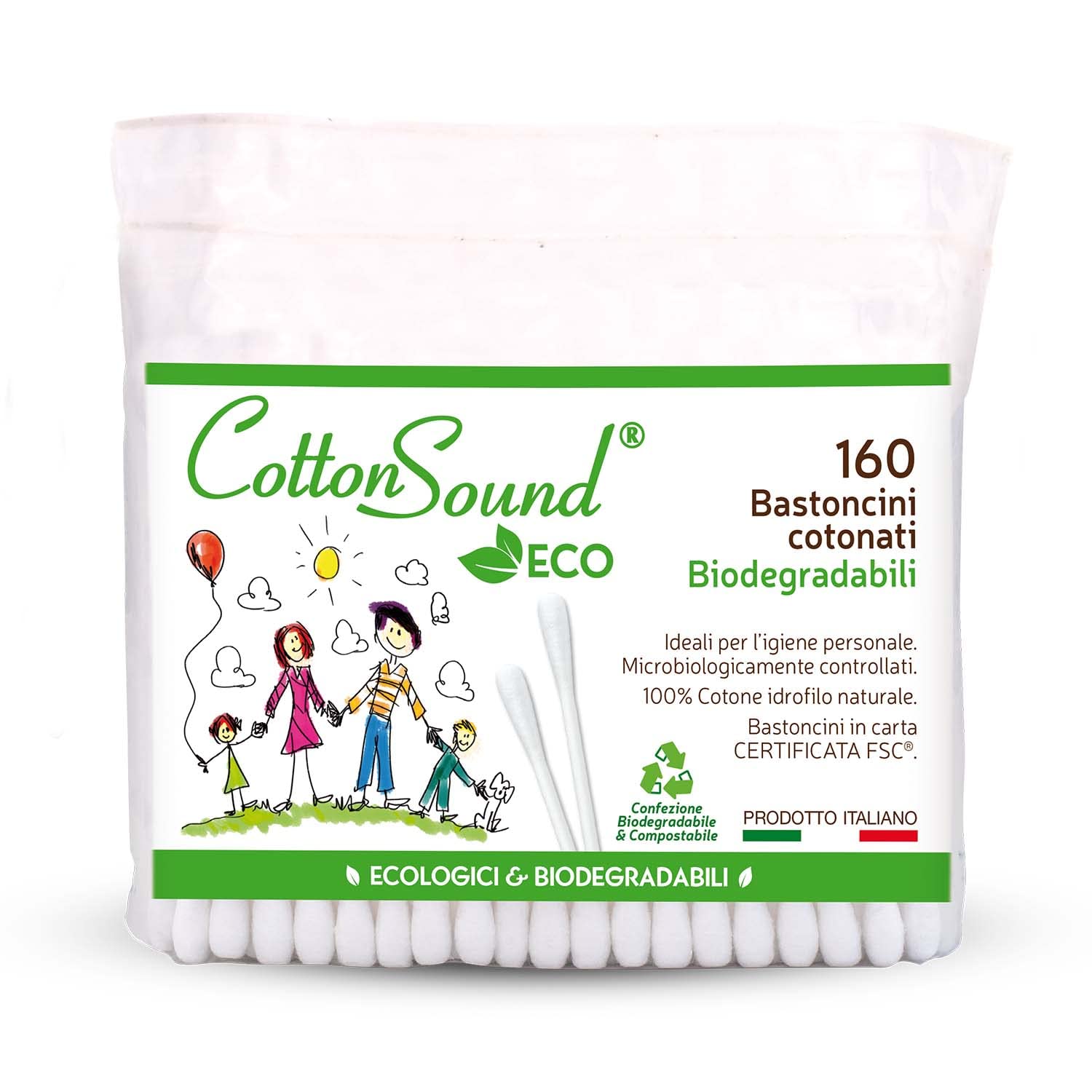 COTTON SOUND ECO Cotton Sticks Envelope 1 Pack x 160 Pieces, Eco-friendly and Biodegradable Cotton Sticks, 100% Pure Hydrophilic Cotton, Compostable Envelope, Made in Italy