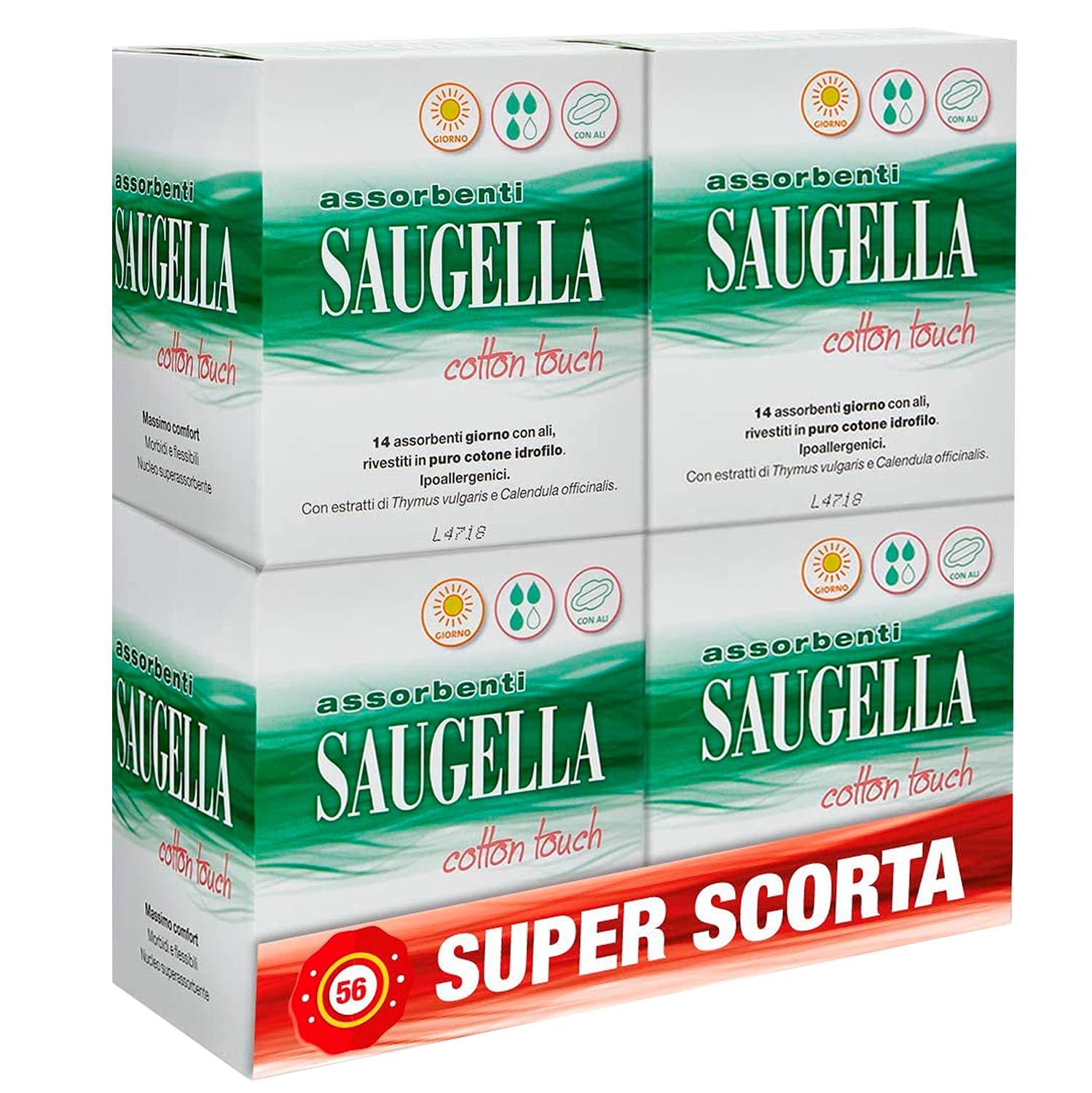 SAUGELLA Cotton Touch Sanitary Pads Day with Wings, Hypoallergenic, Antibacterial, Anti-Odour and Soothing, High Absorption, 4 Packs of 14