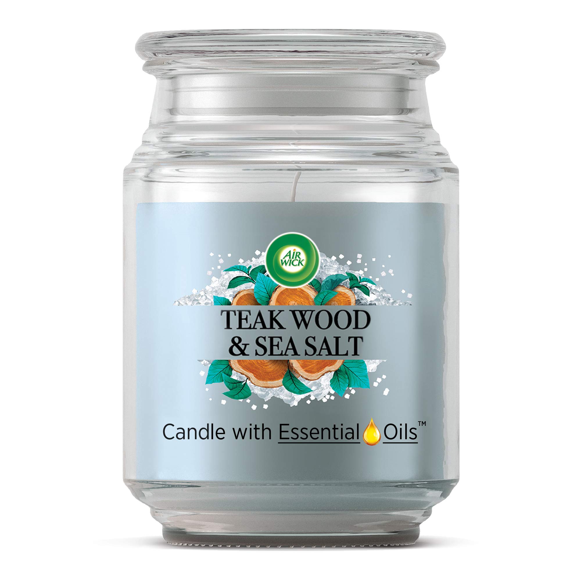 Air Wick Jar Candle with Essential Oils, Teakwood and Sea Salt, 480g