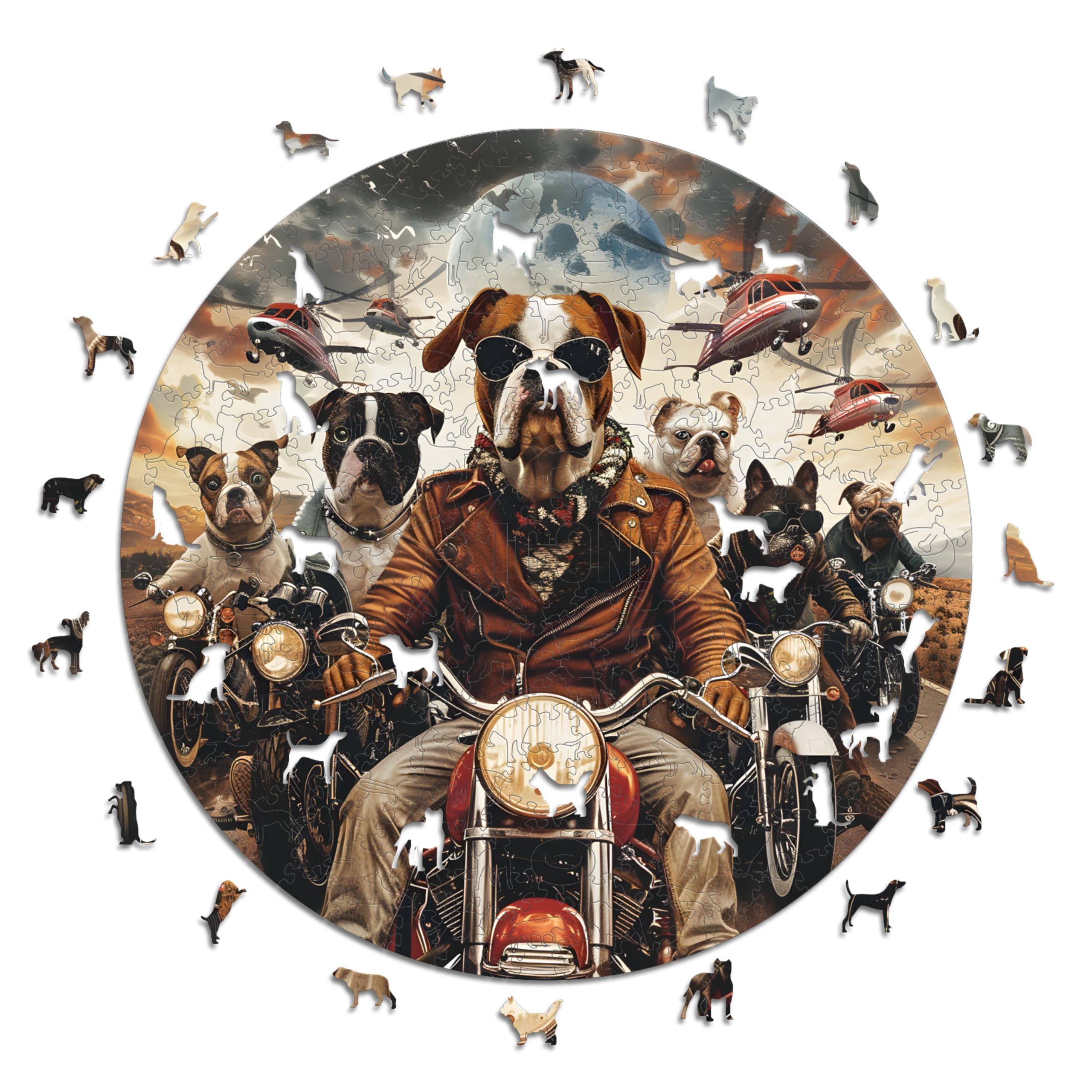 Iconic Puzzles - Motorcyclist Dogs, fantasy animals, 100% sustainable wooden puzzle, Gifts for Children and Adults, size L, 600 Pieces