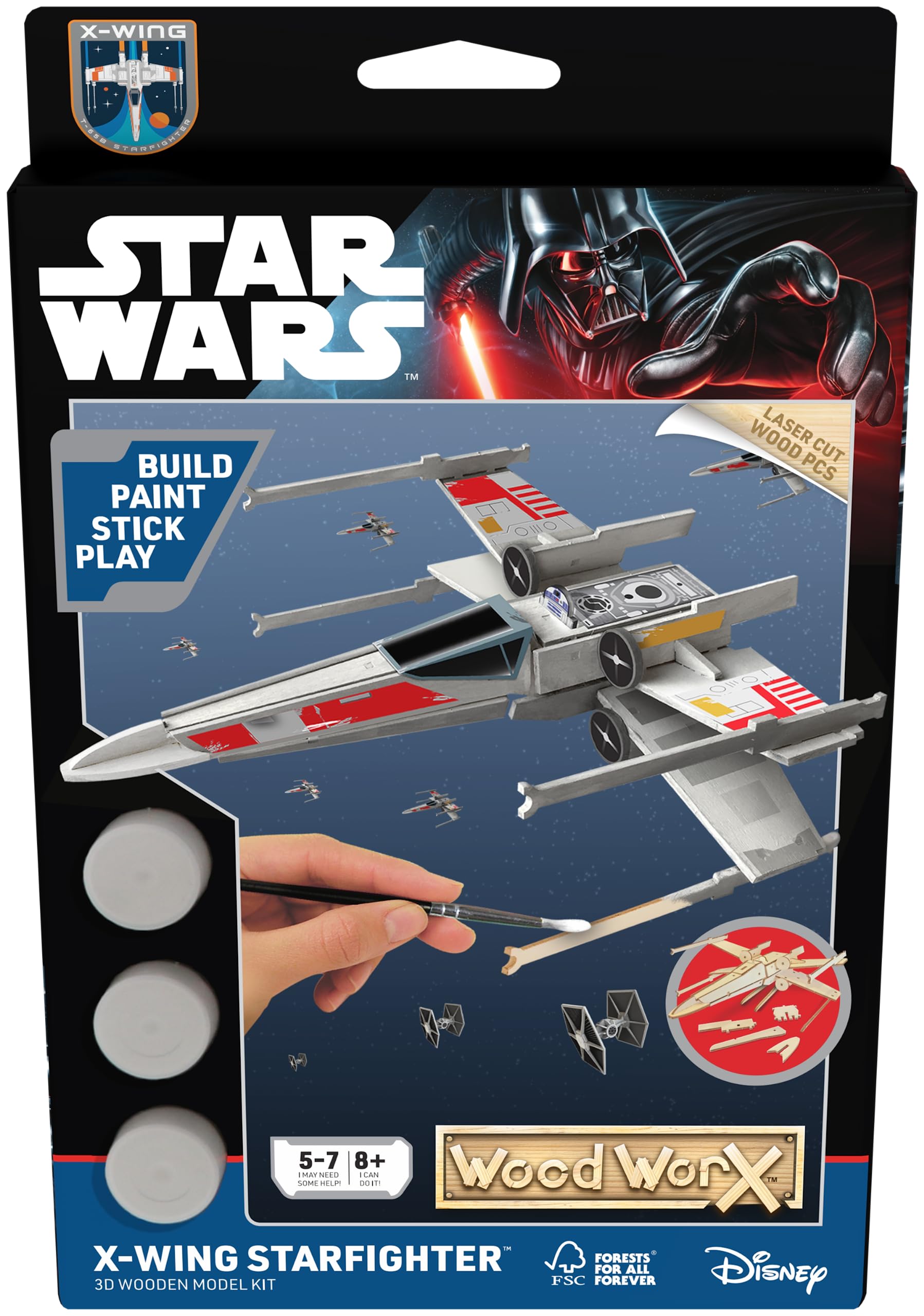 Goliath Games WoodWorX: Star Wars X-Wing Starfighter | 3D Wooden Model Kit | Build, Paint, Stick & Play | Model Kit for Kids Aged 5+