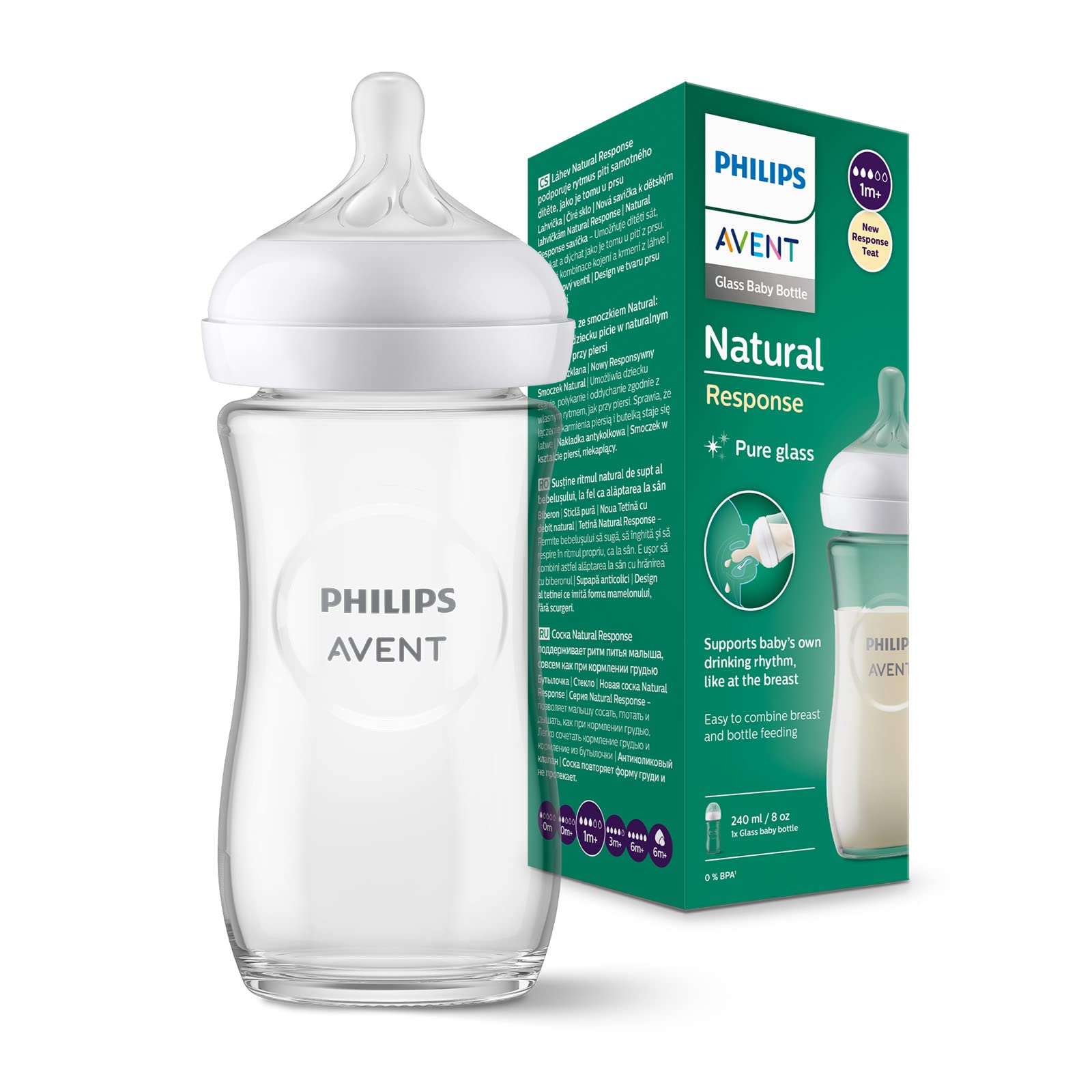 Philips Avent SCY933/01 Natural Glass Bottle with Responsive Dummy 240 ml Pack of 2