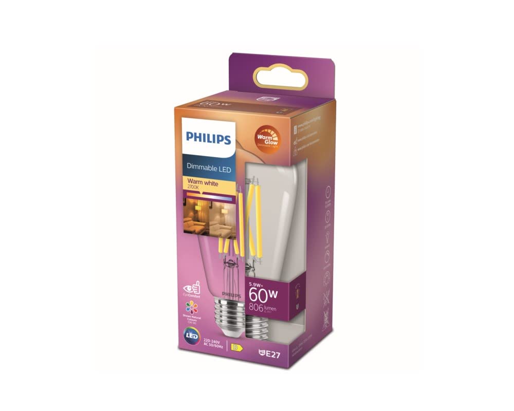 Philips LED WarmGlow Edison Lamp with 60 W, E27 Socket, Clear, Dimmable