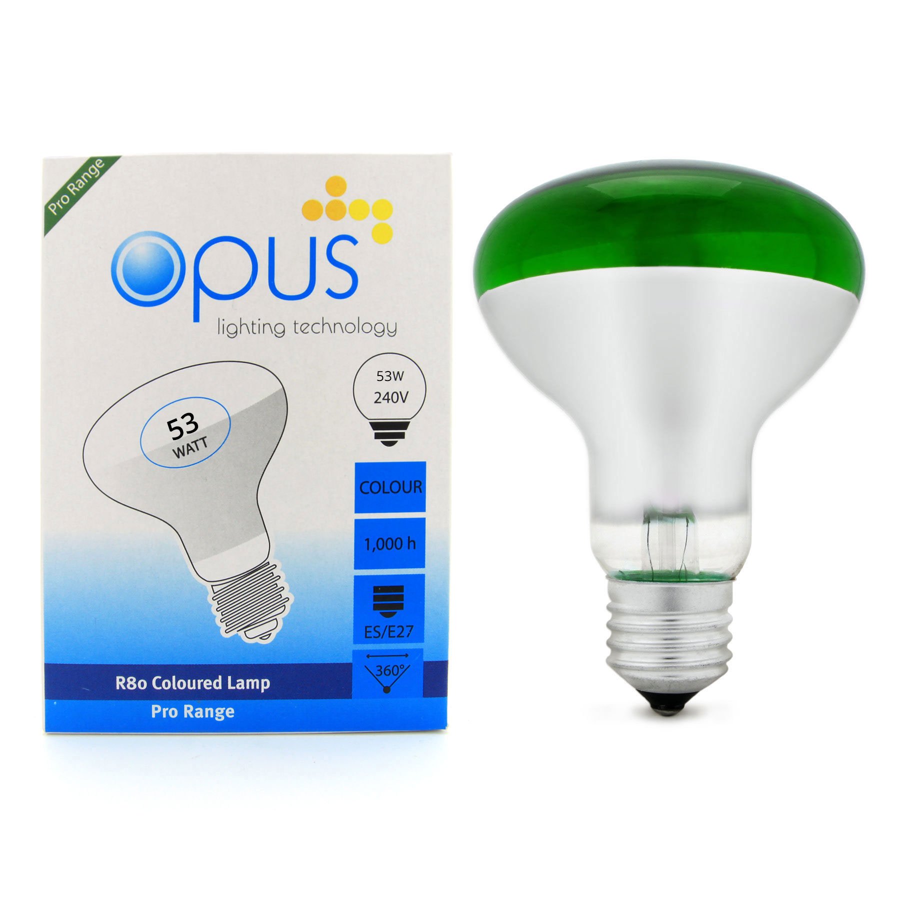 5 x Opus 53 Watt = 75 Watt Green Coloured R80 Reflector Halogen Light Bulbs Es E27 Dimmable Lamps