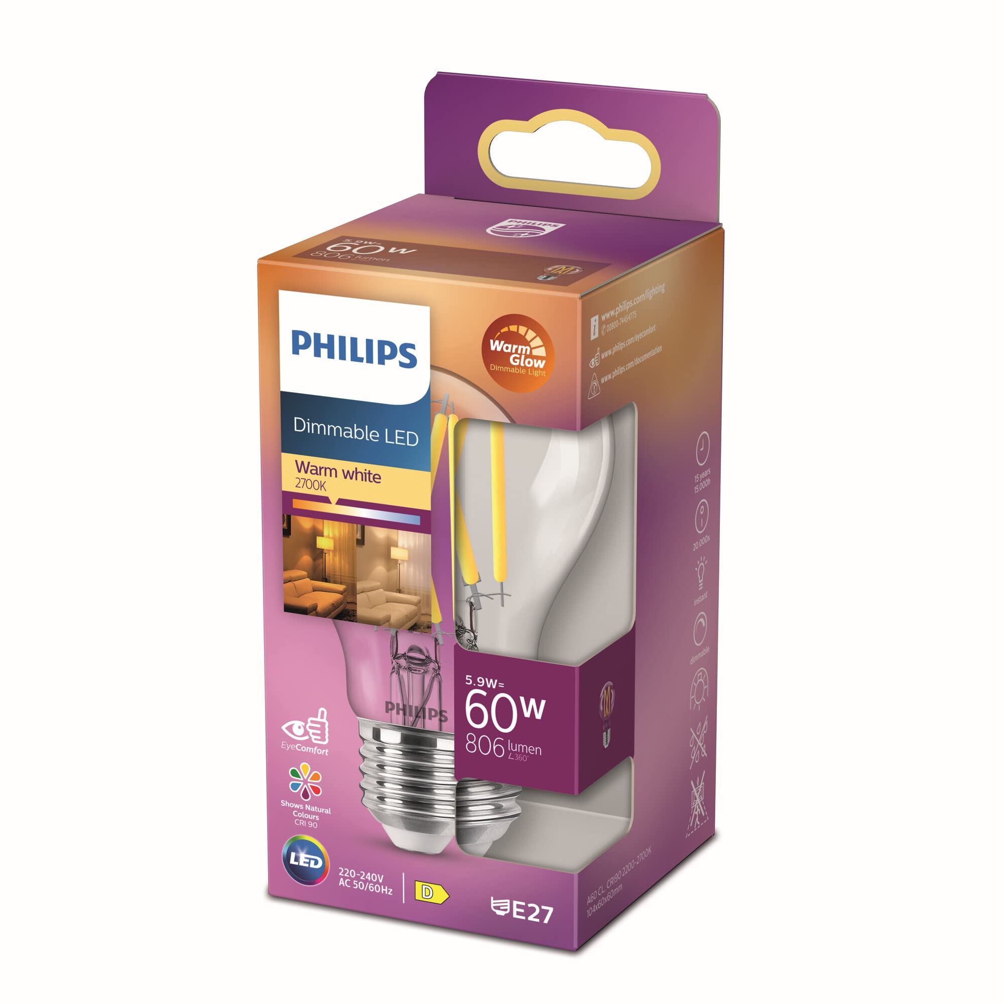 Phillips LED Classic WarmGlow Lamp with 60 W, E27 Socket, Clear, 2200-2700 K, Dimmable