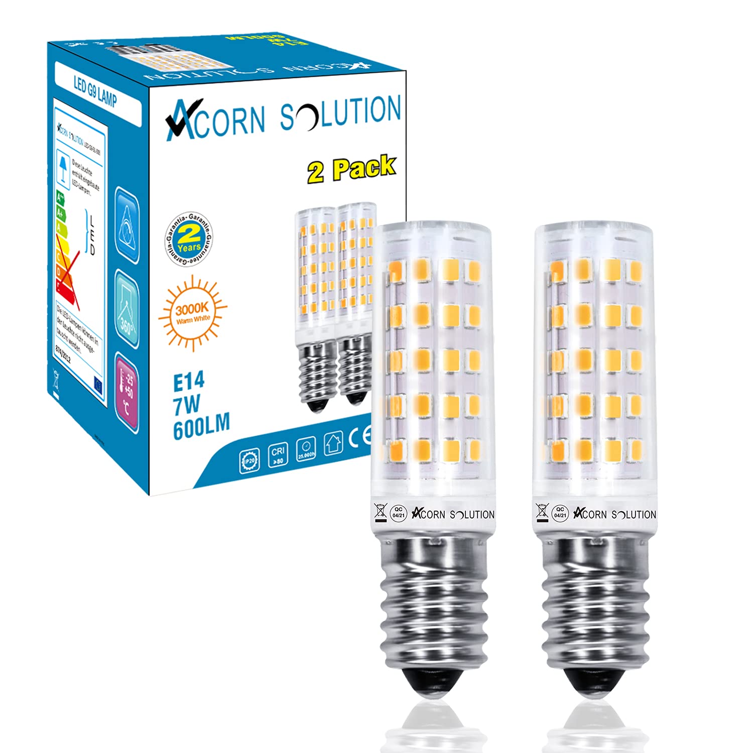 AcornSolution 2X E14 LED Cooker Hood Bulb 7W, 60W Equivalent, Energy Saving Lamp, 3000K Warm White, 360°Beam Angle, 2-Pack