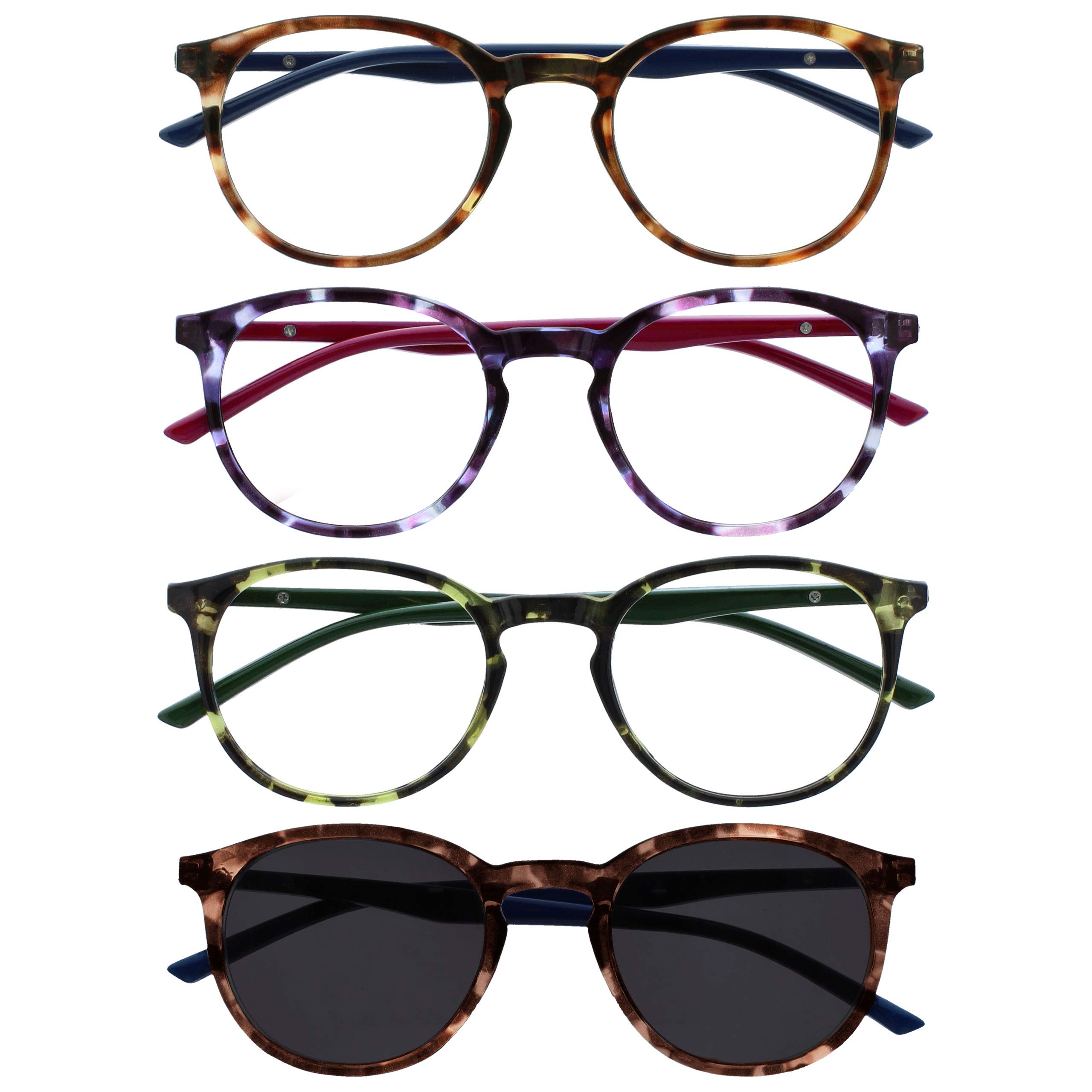 OPULIZE Met 4 Pack Reading Glasses With Reading Sunglasses Large Round Brown Purple Green Mens Womens RRRS60-2562 +0.00