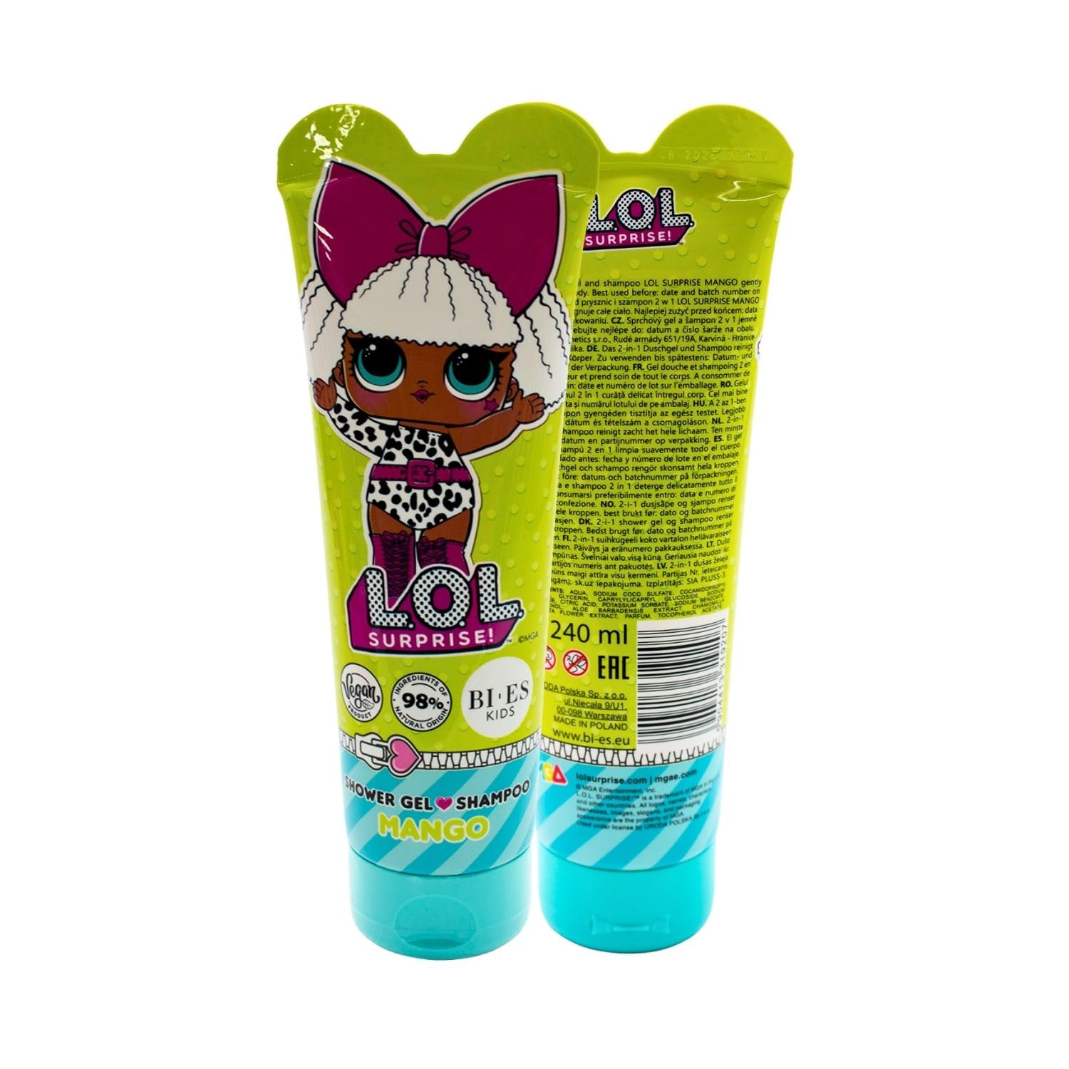 LOL Surprise 2-in-1 Shower Gel & Shampoo for Kids & Adults - Vegan, 98% Natural, Hydrating & Gentle Body Wash & Hair Cleanser with Aloe & Chamomile, Soft & Nourished Skin, Mango Scent – 240ml