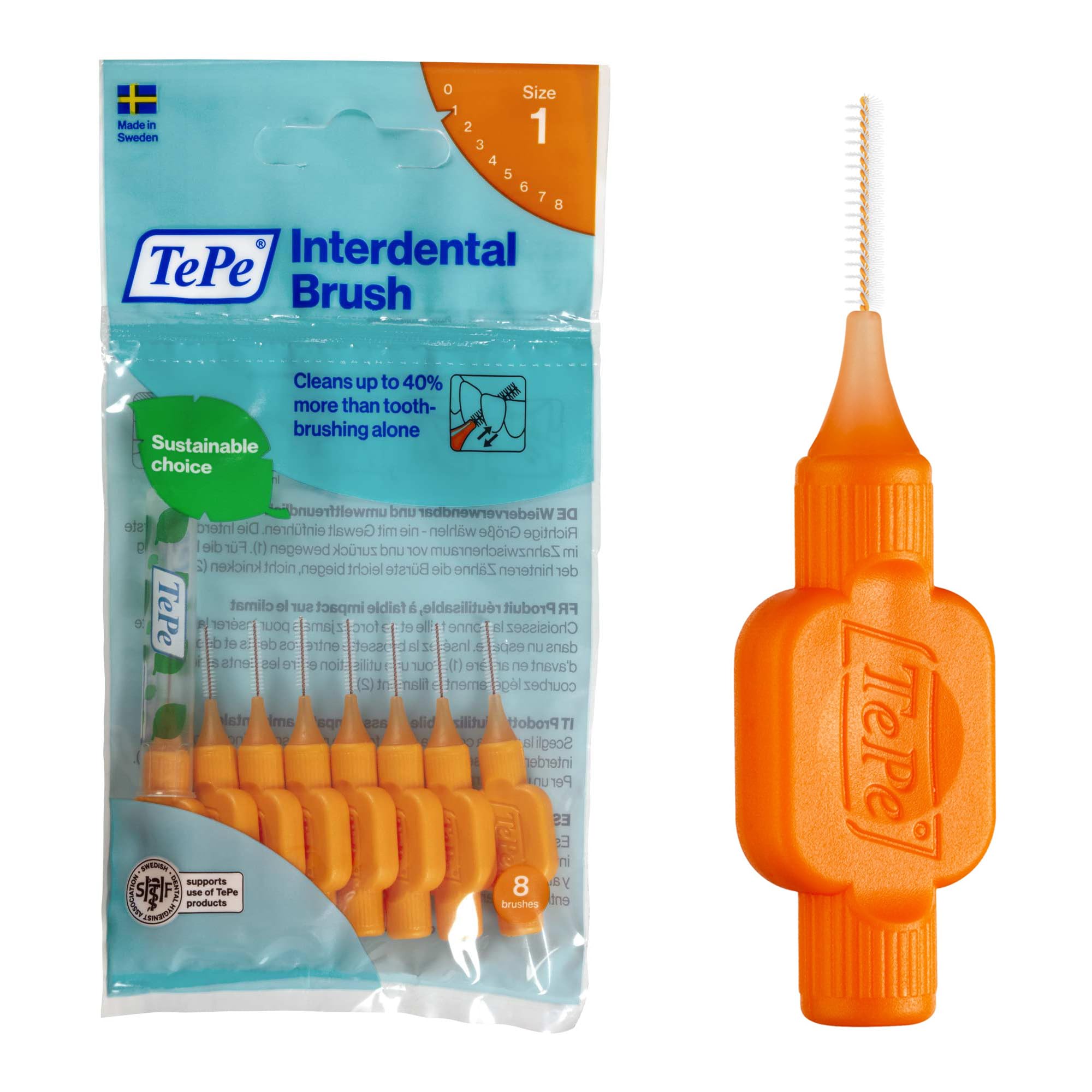 TePe Interdental Brush, Original, Orange, 0.45mm/ISO 1, 8pcs, Teeth Cleaning Plaque Removal, efficient Clean Between Teeth, for Narrow Gaps
