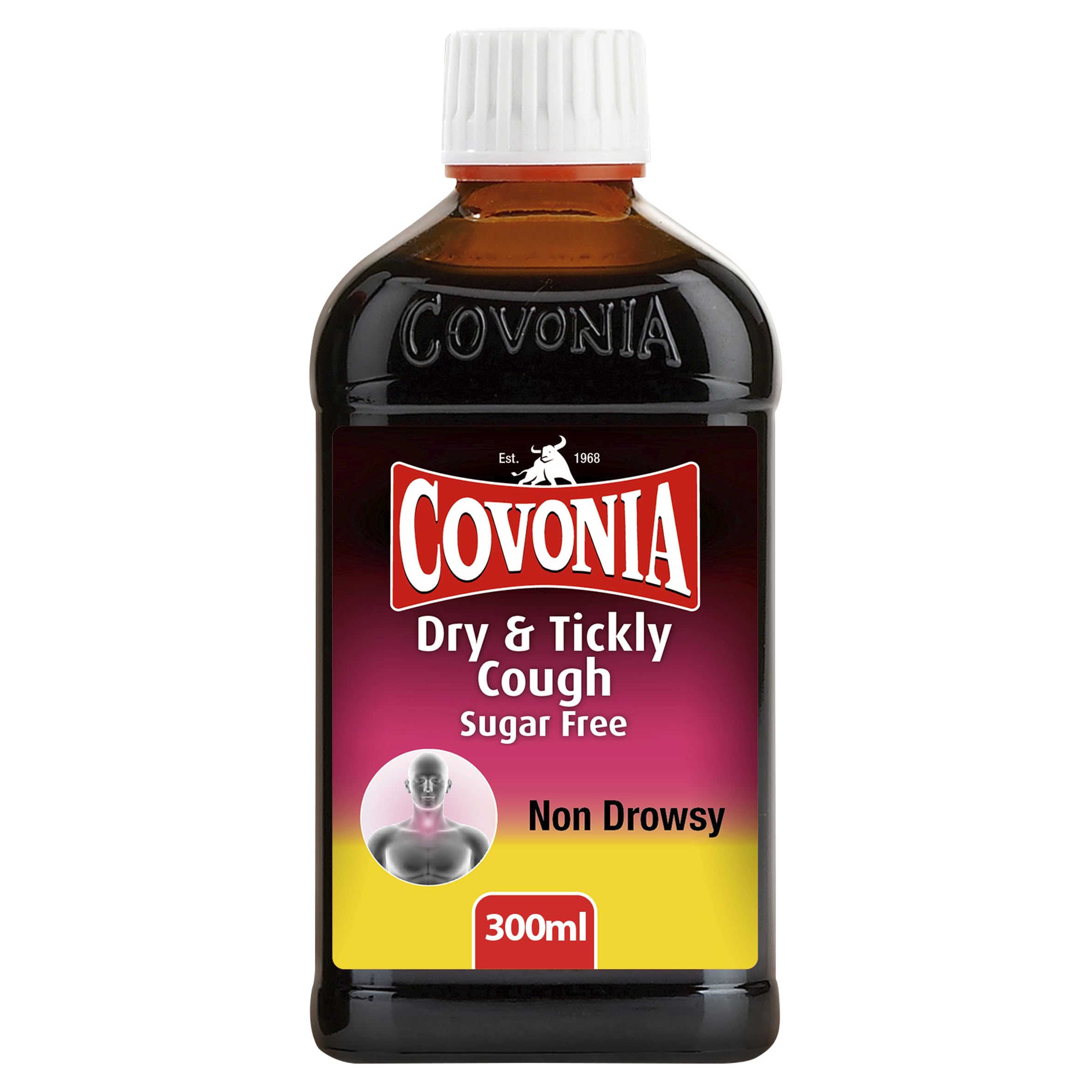 Covonia Dry and Tickly Cough sugar free 1.36g/5ml Oral solution,Soothes And Provides Relief From Dry Coughs And Sore Throats,Non Drowsy,Cough Syrup,Suitable For Vegetarians,Cold And Flu Relief, 300ml